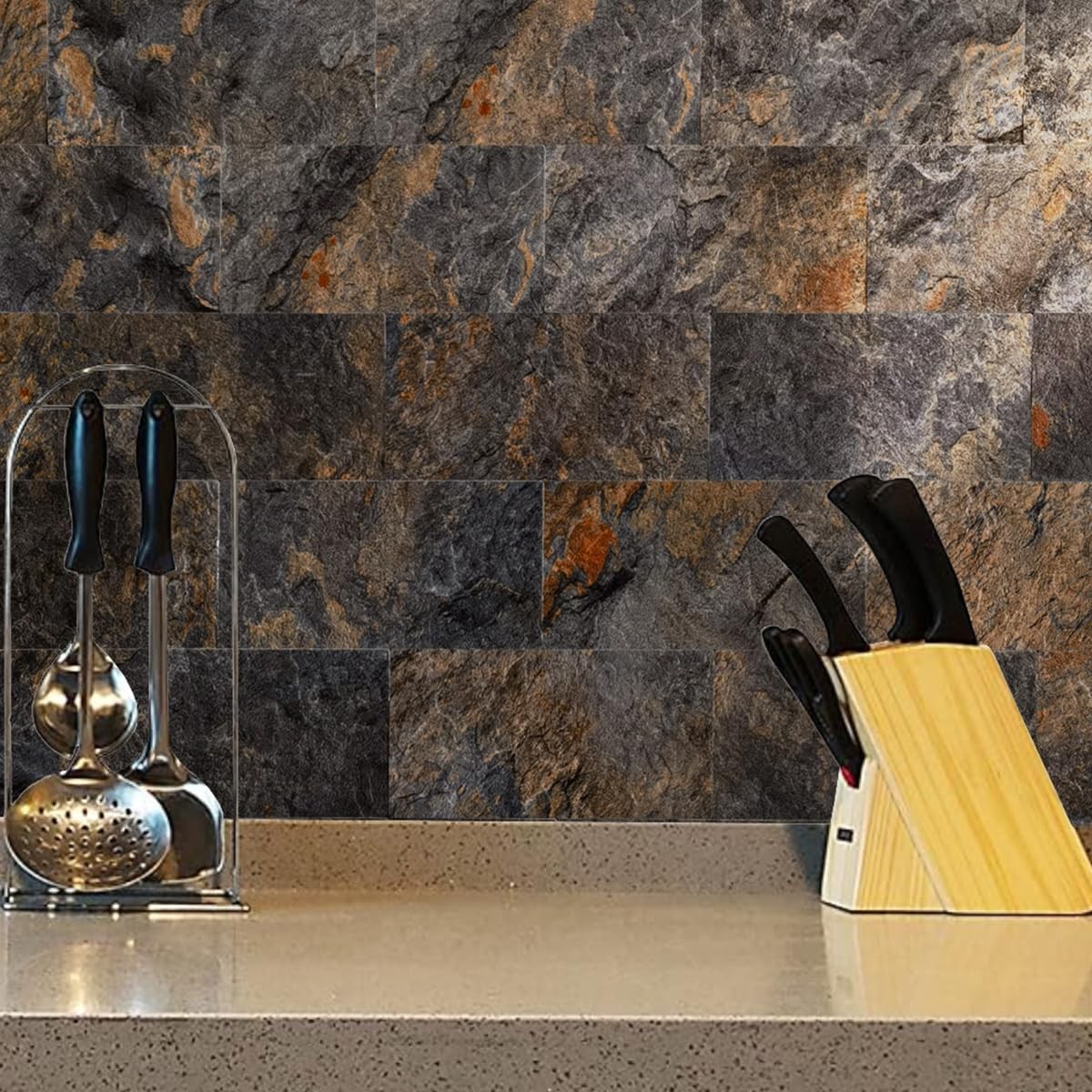 6″ x 12″ Rust Slate Peel and Stick Backsplash Wall Tiles, PVC Faux Stone Stic…