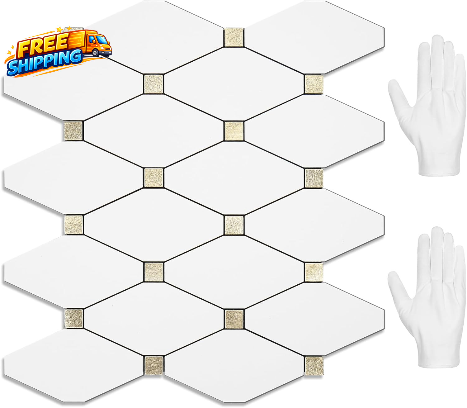 10 Sheets Peel and Stick Backsplash Pure White Marble Look PVC Mixed Metal Gold
