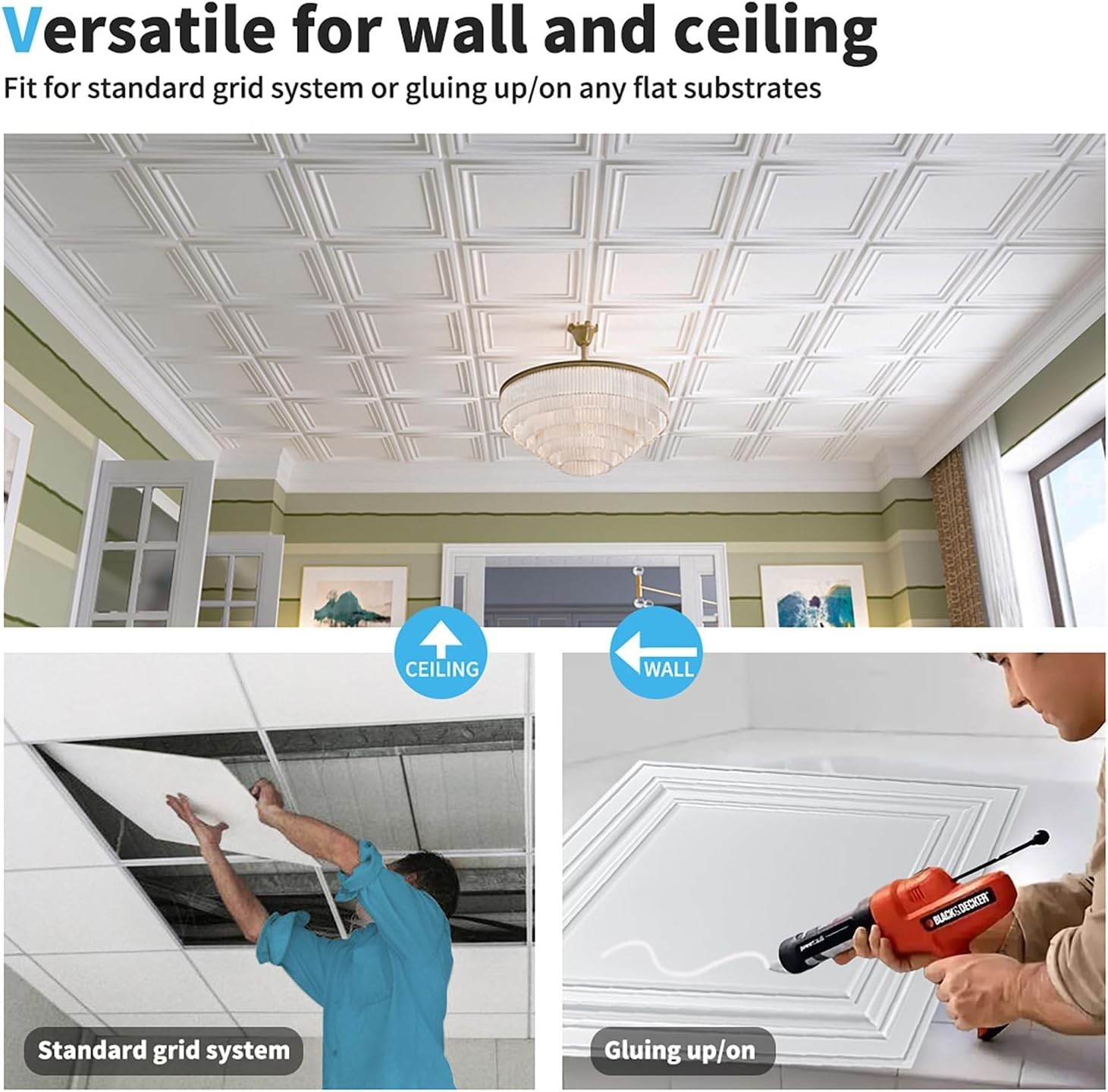 PVC Ceiling Tiles 2×2 White 24-Pack Water Resistant Drop Ceiling Decor
