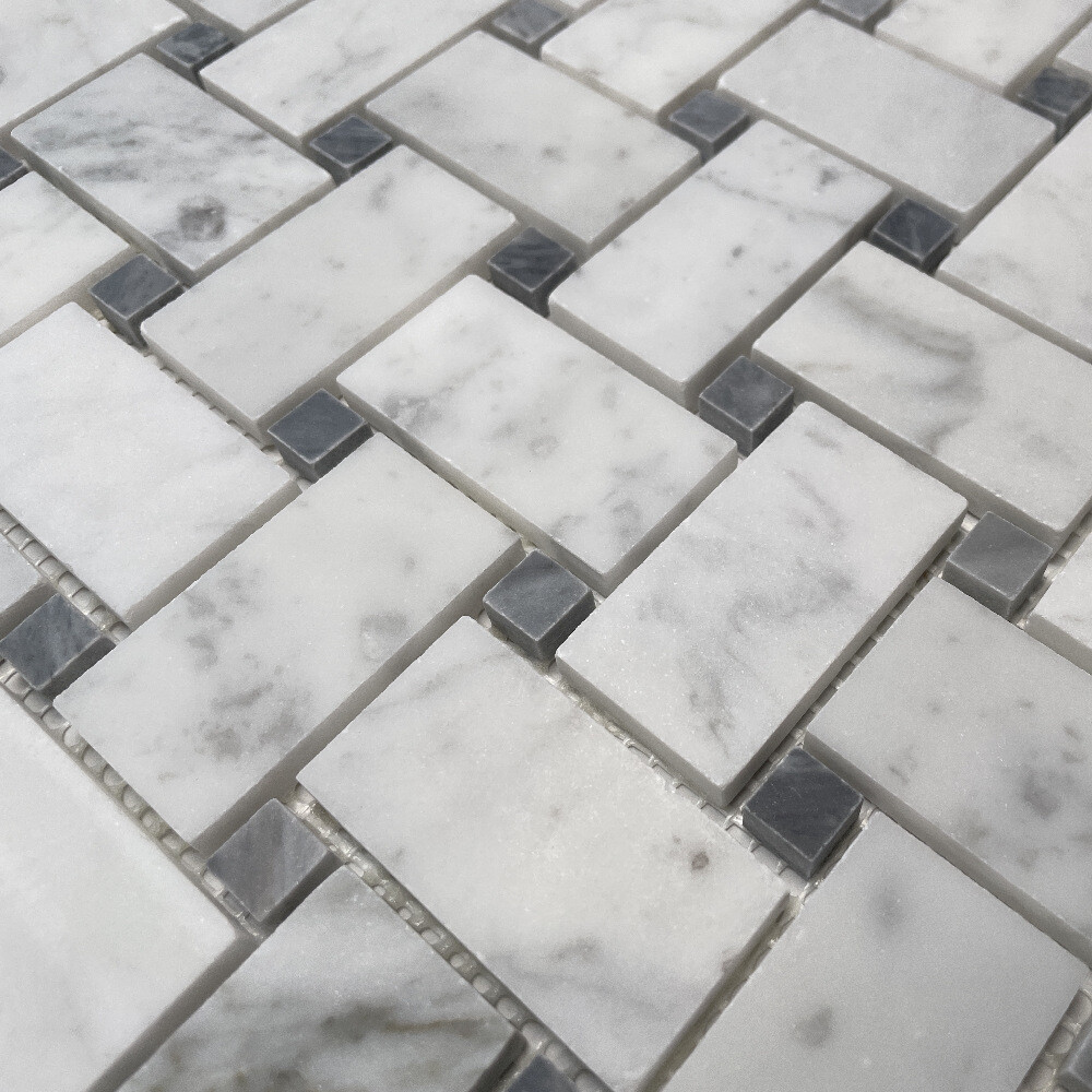 C657XH White Carrara Marble Basketweave Mosaic Tile Dark Gray Dots Honed