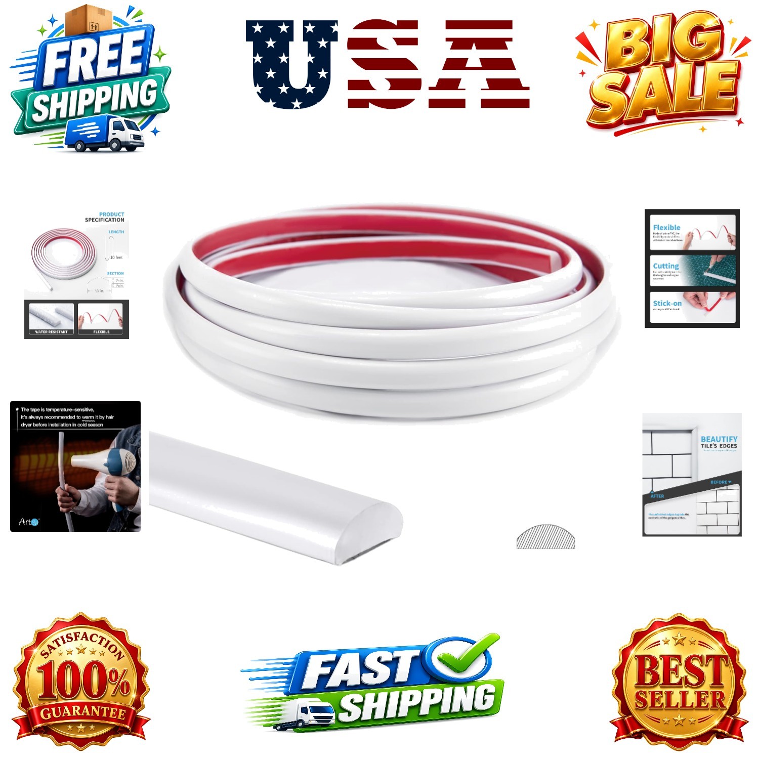 10 Ft Peel and Stick Trim for Backsplash Tile Edge, Self-Adhesive Liner for C…