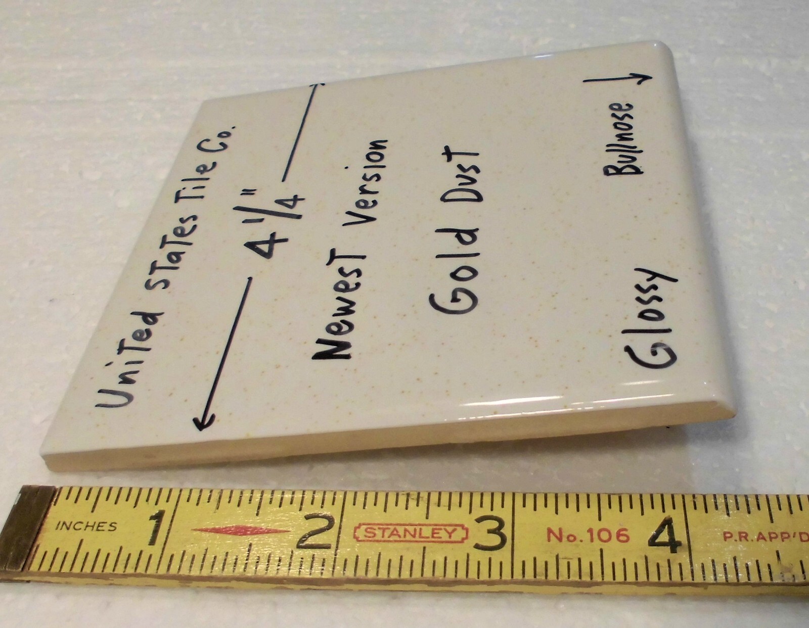 1 pc. Gold Dust: Glossy Ceramic Bullnose Tile: vintage white color, gold specks