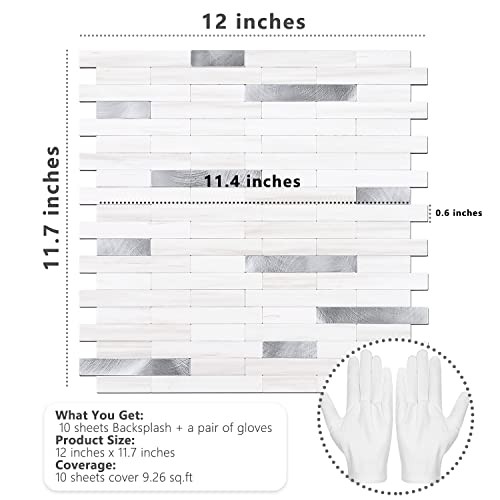 Peel and Stick Backsplash Tile, 10 Dolomite White Marble Mixed Metal Silver