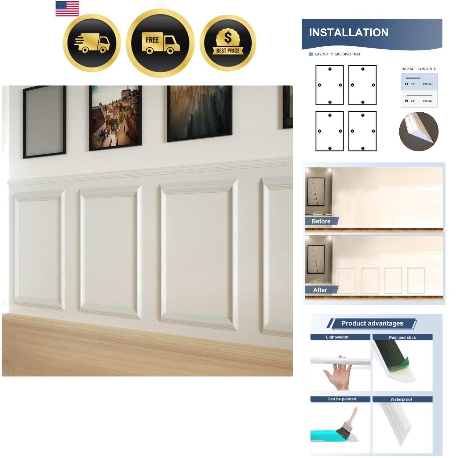 4 Set Peel and Stick Wall Molding Trim Kit, 16″ x24″ Premade Wainscoting Pane…
