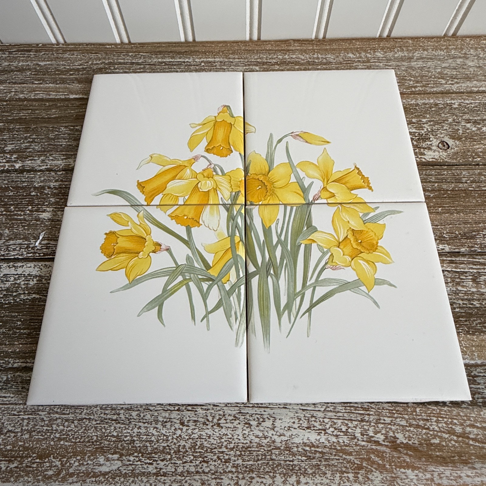 Vintage Yellow Daffodils Tile Mural Set 4 on White USA Wildflower Garden