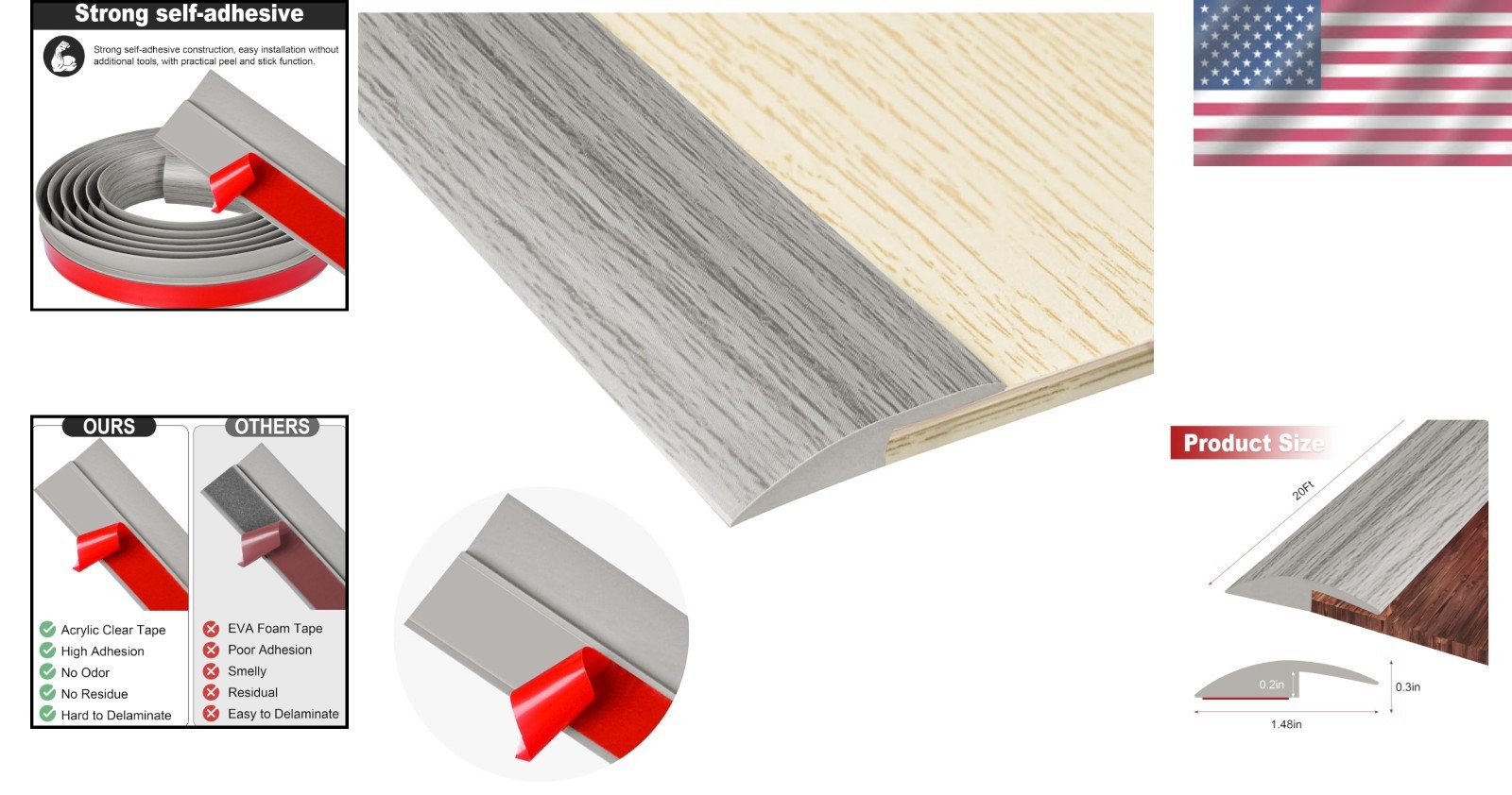 20Ft Carpet Floor Transition Strip, Self Adhesive Floor Edging Trim Strip, PVC T