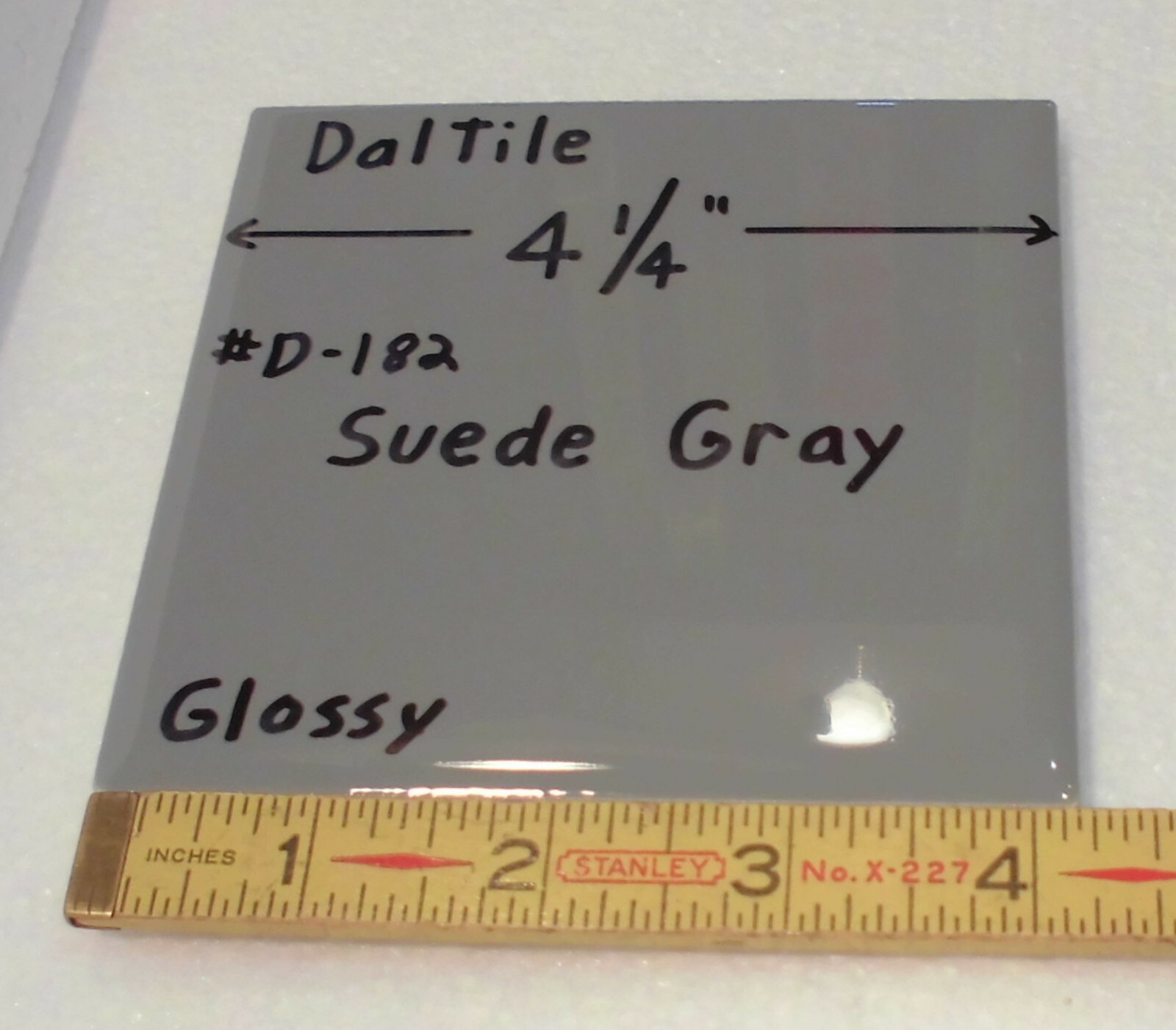 1 pc. Suede Gray; Glossy Ceramic Tile by Daltile; 4-1/4″ New Stock, darker gray