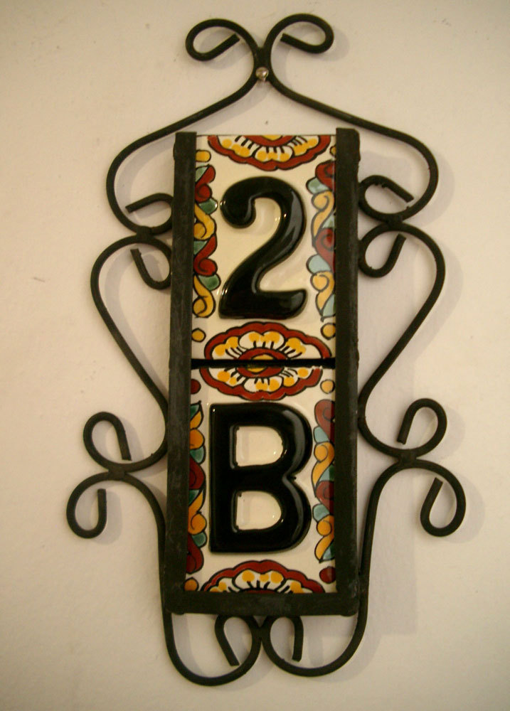 2 Mexican BLACK House Numbers Tiles with VERTICAL Iron Frame