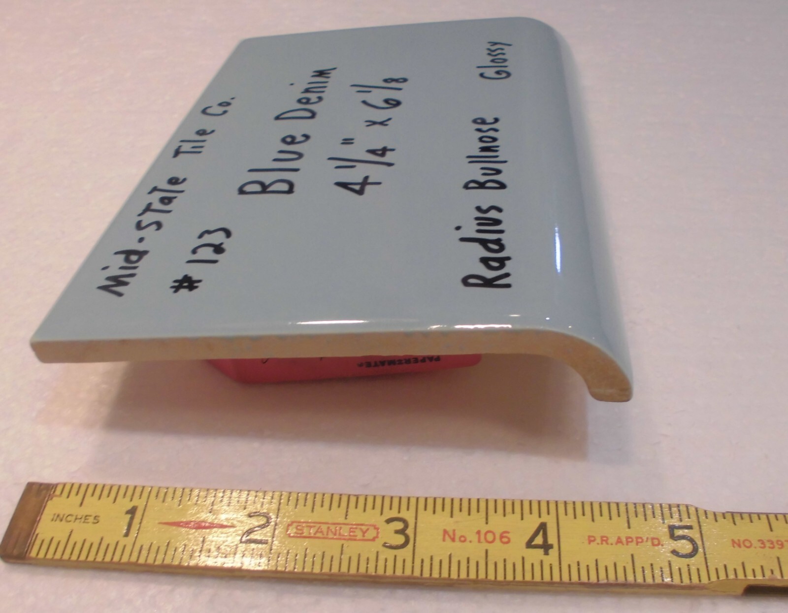 1 pc. *Blue Denim* Glossy Ceramic Bullnose Tile 4-3/8″ X 6-1/8″ by Mid-State Co.