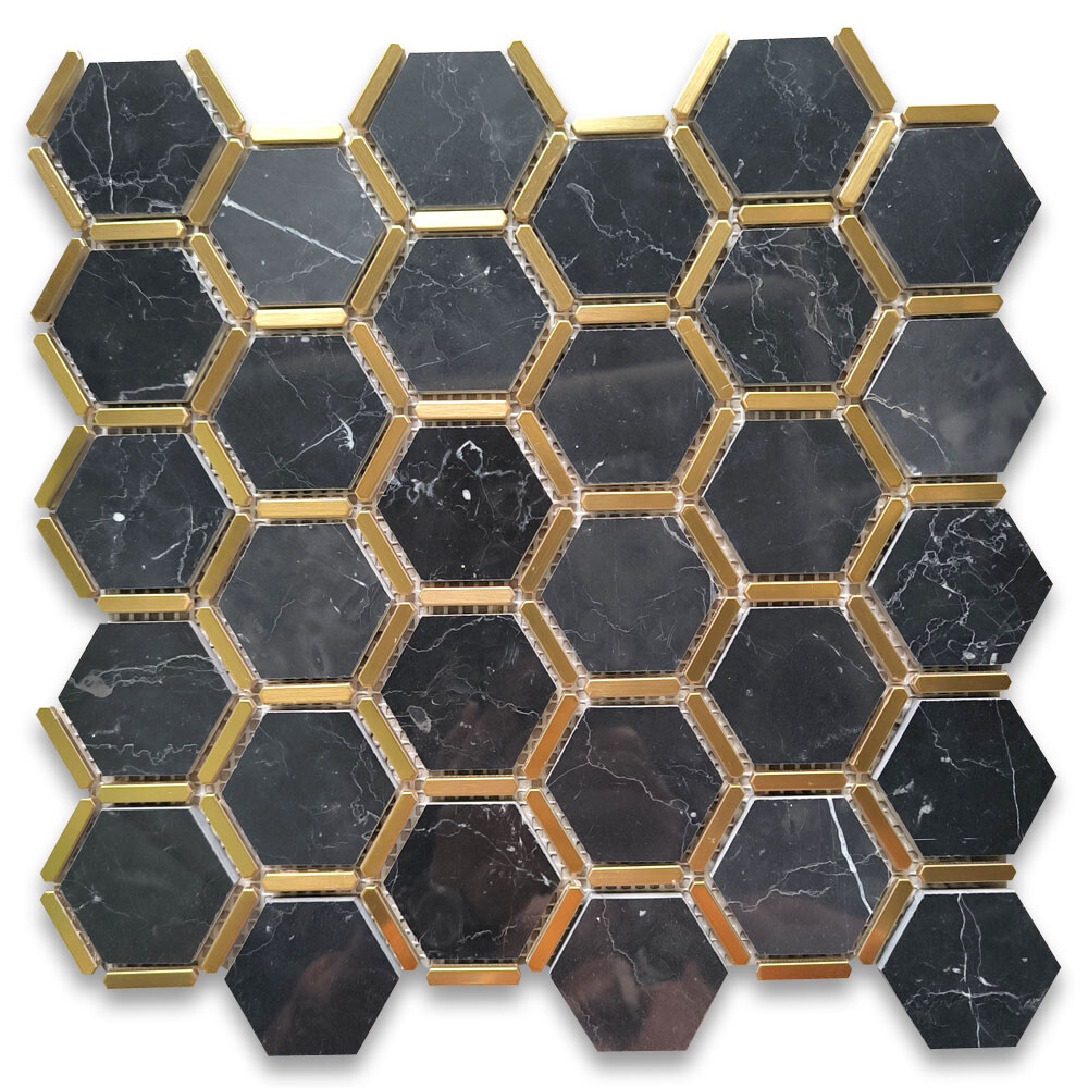 N328XP Nero Marquina Black Marble Hexagon Mosaic Tile Brass Strips Polished