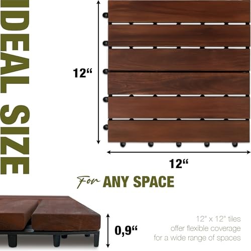 Premium Acacia Wood Interlocking Deck Tiles, 12″x12″x0.9″ Dark Brown – Striped