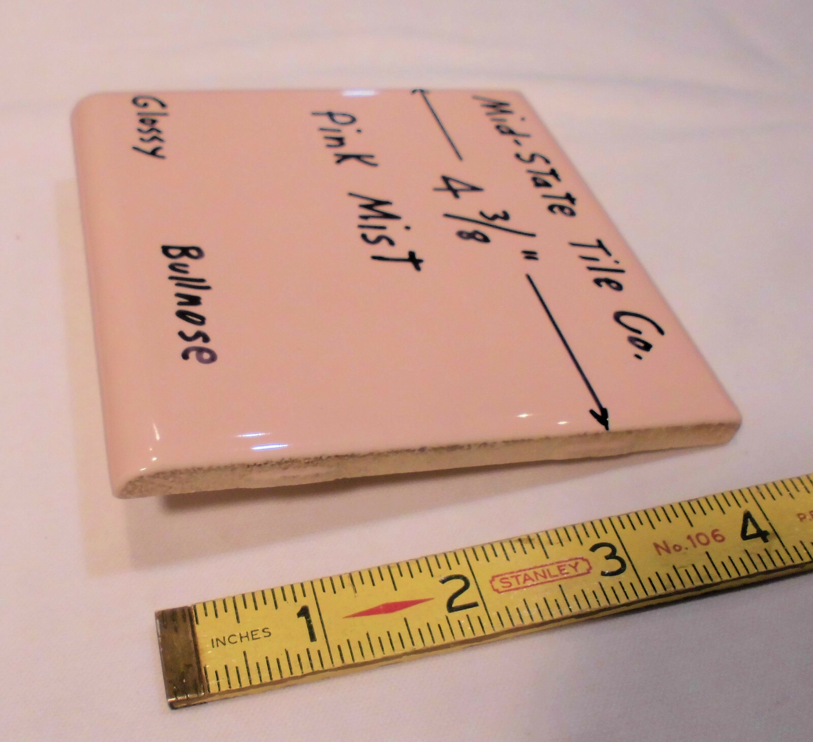 1 pc. Pink Mist – Peachy: Glossy Surface Bullnose Tile: 4-3/8″ Mid-State Co.