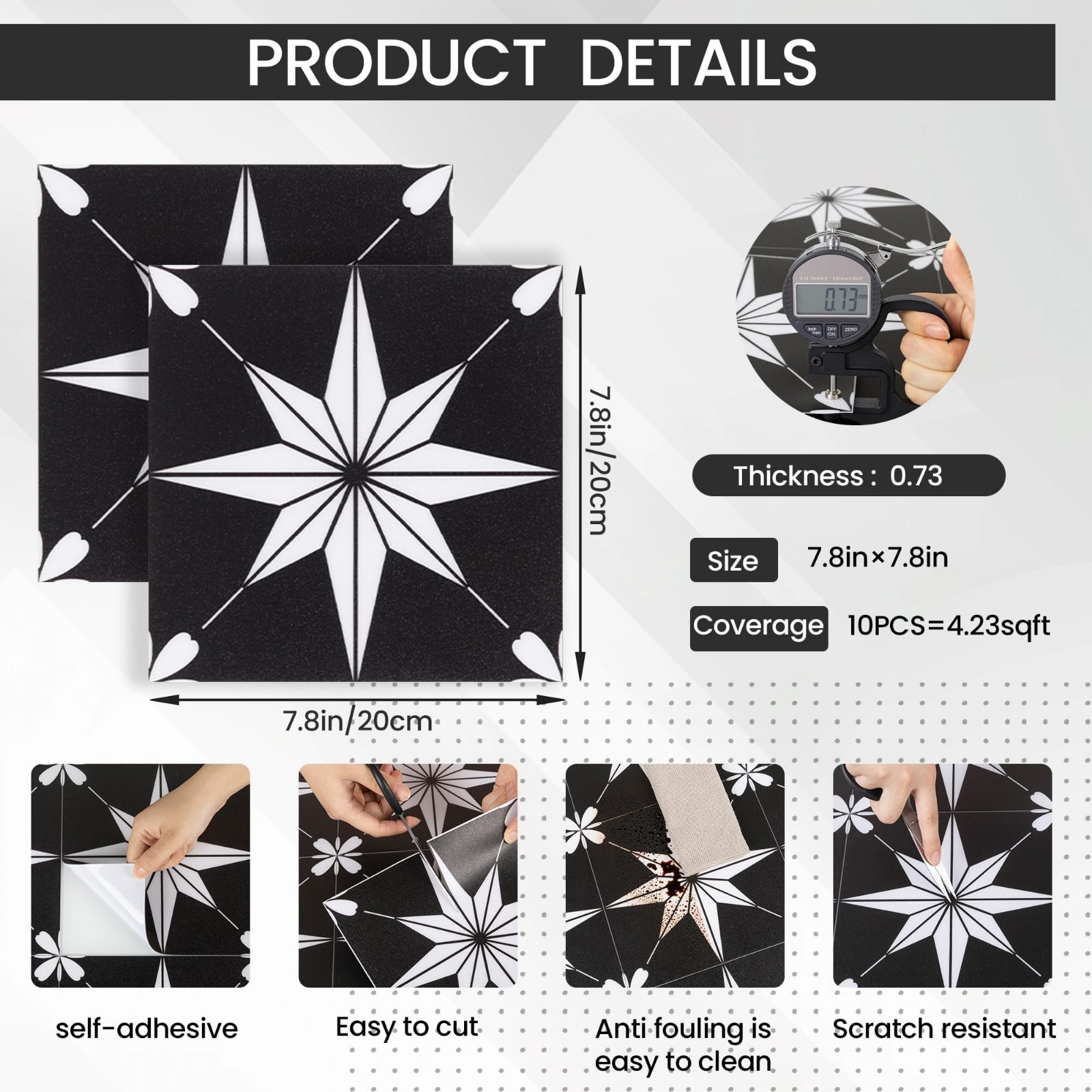 10Pcs 8″x8″ Black Peel and Stick Tiles – Easy DIY Removable Floor & Wall Decor