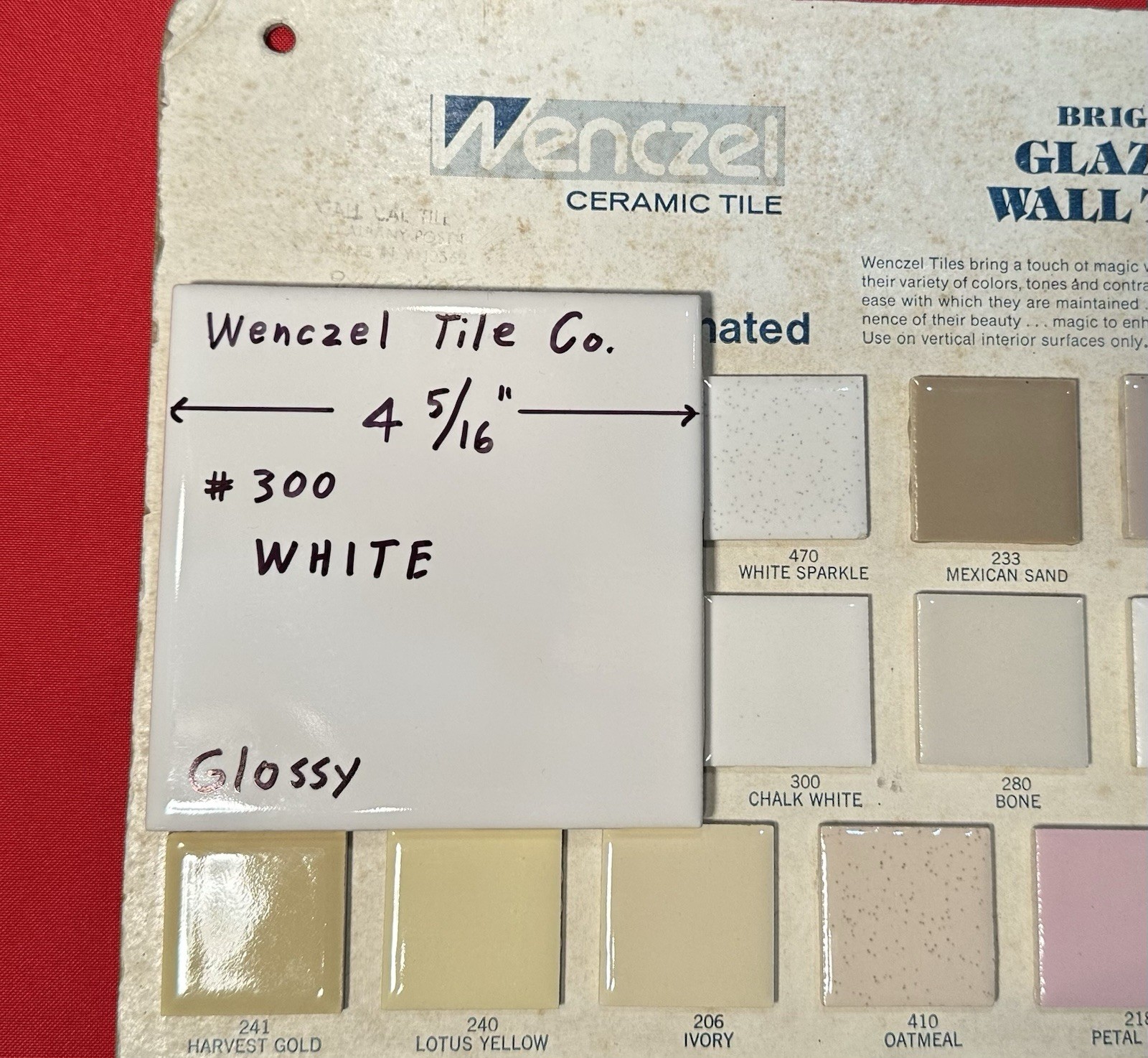 1 pc. Gloss White #300: 4-5/16″ Ceramic Tile by Wenczel Co. made 1960’s -1980’s