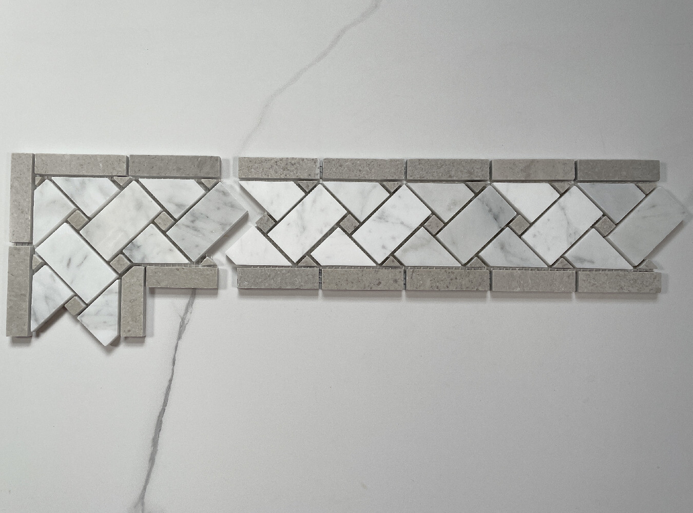 C653BXH Carrara White Marble Basketweave Mosaic Border Gray Dots Honed 4×12