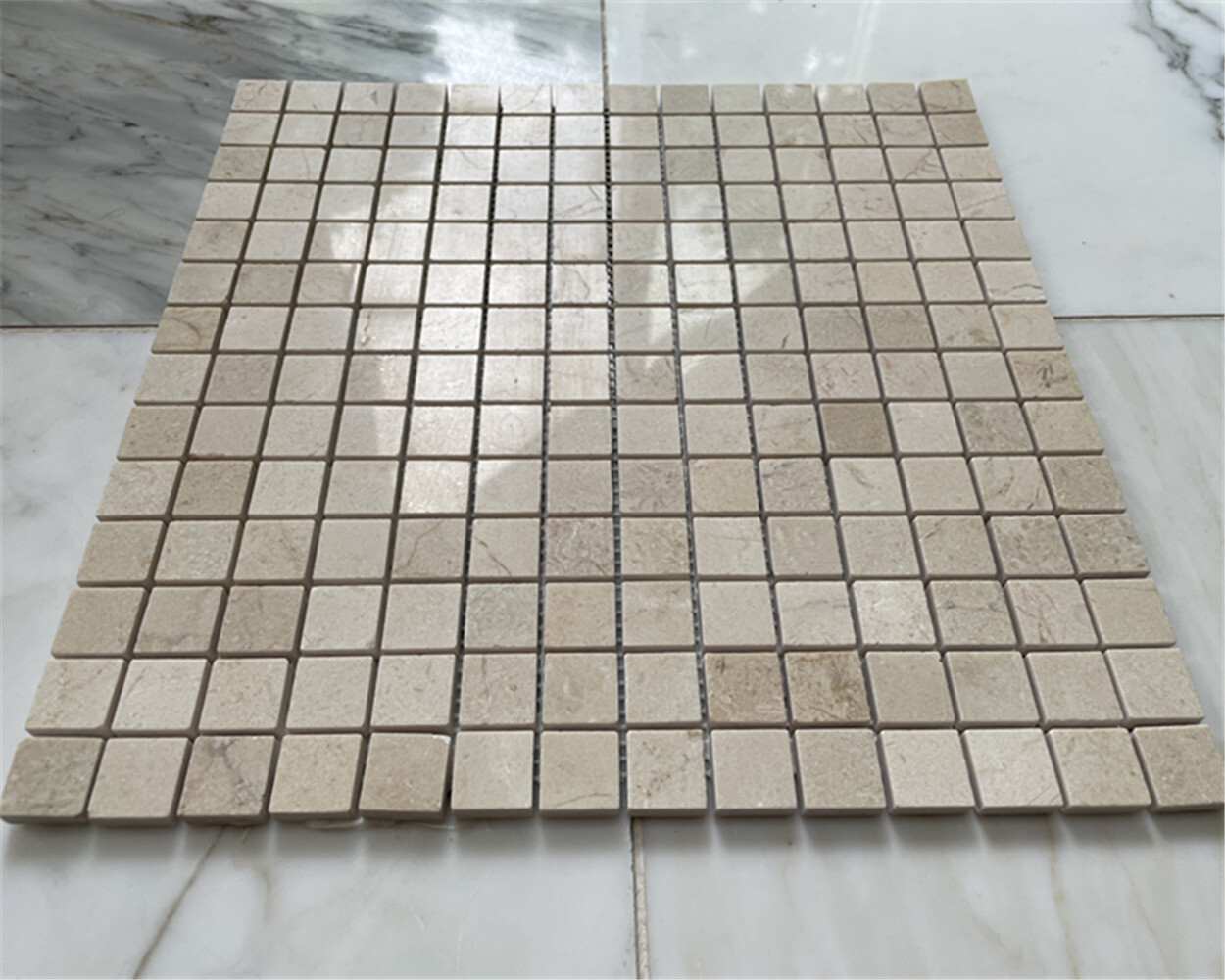 M23XP Crema Marfil Beige Marble 3/4×3/4 Grid Square Mosaic Tile Polished
