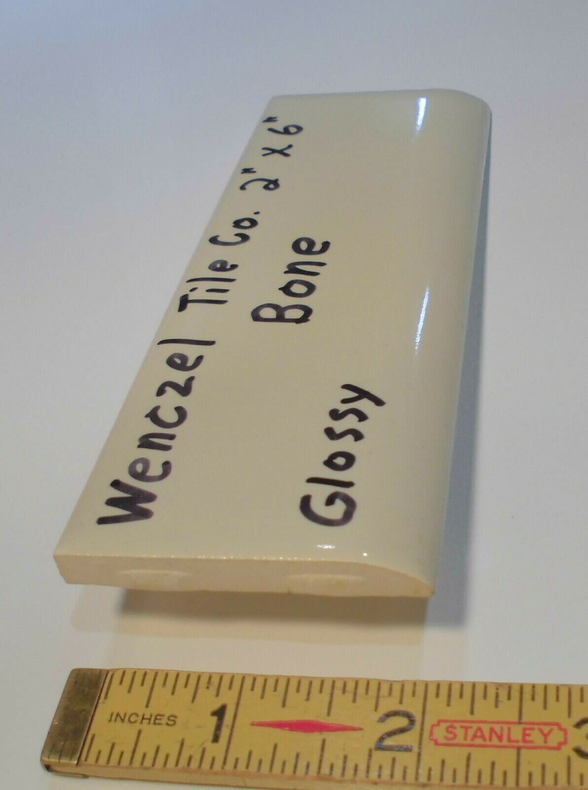 1 pc. Vintage Glossy *Bone* 2” X 6” Bullnose Ceramic Tile by Wenczel Co. NOS