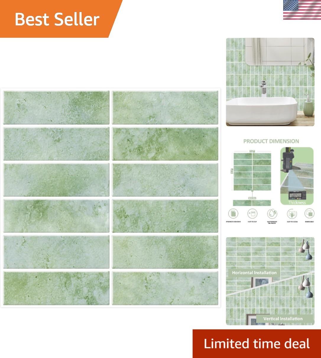 Waterproof Green Peel and Stick Tiles, 12″x12″, Ideal for Kitchen & Bath