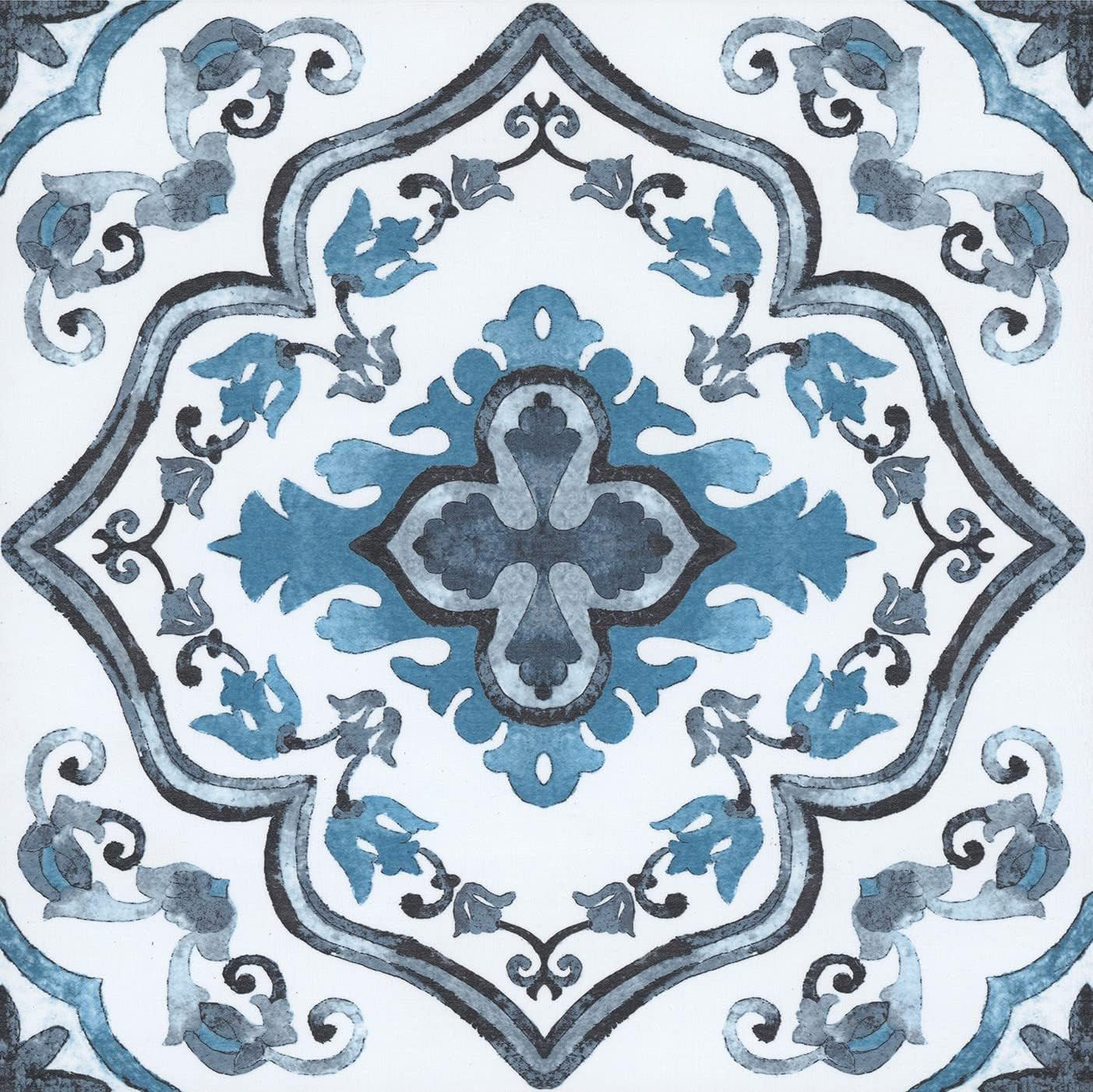 Marrakesh Peel and Stick Floor Tiles, Blue, Floral Vinyl Floor Tiles, Water Resi