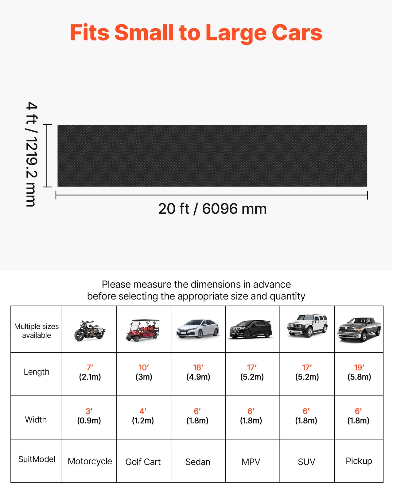 VEVOR Garage Floor Roll 4×20 ft Rubber Diamond Mat Waterproof Non-Slip Black