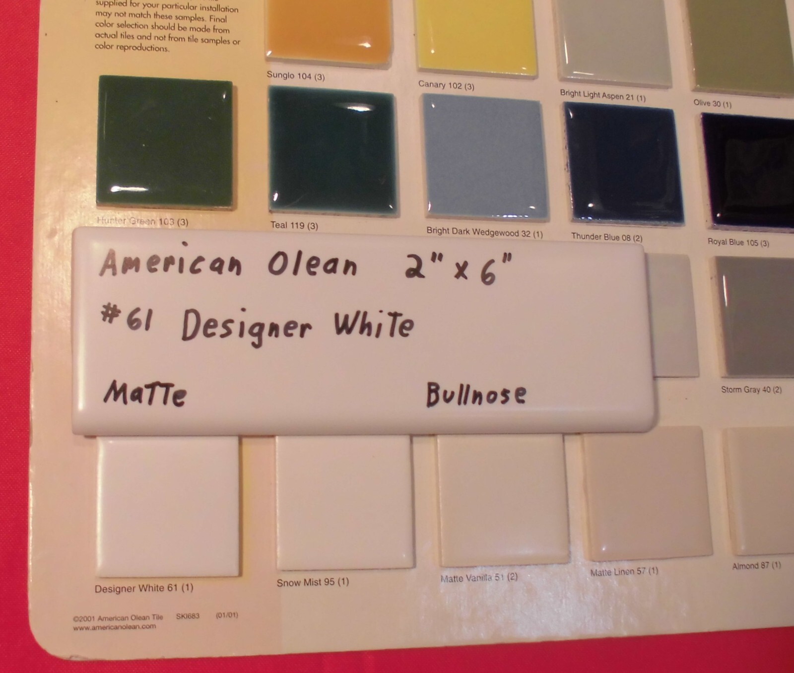 1 pc. Ceramic Bullnose Tile 2” X 6” Matte Designer White #61: by American Olean