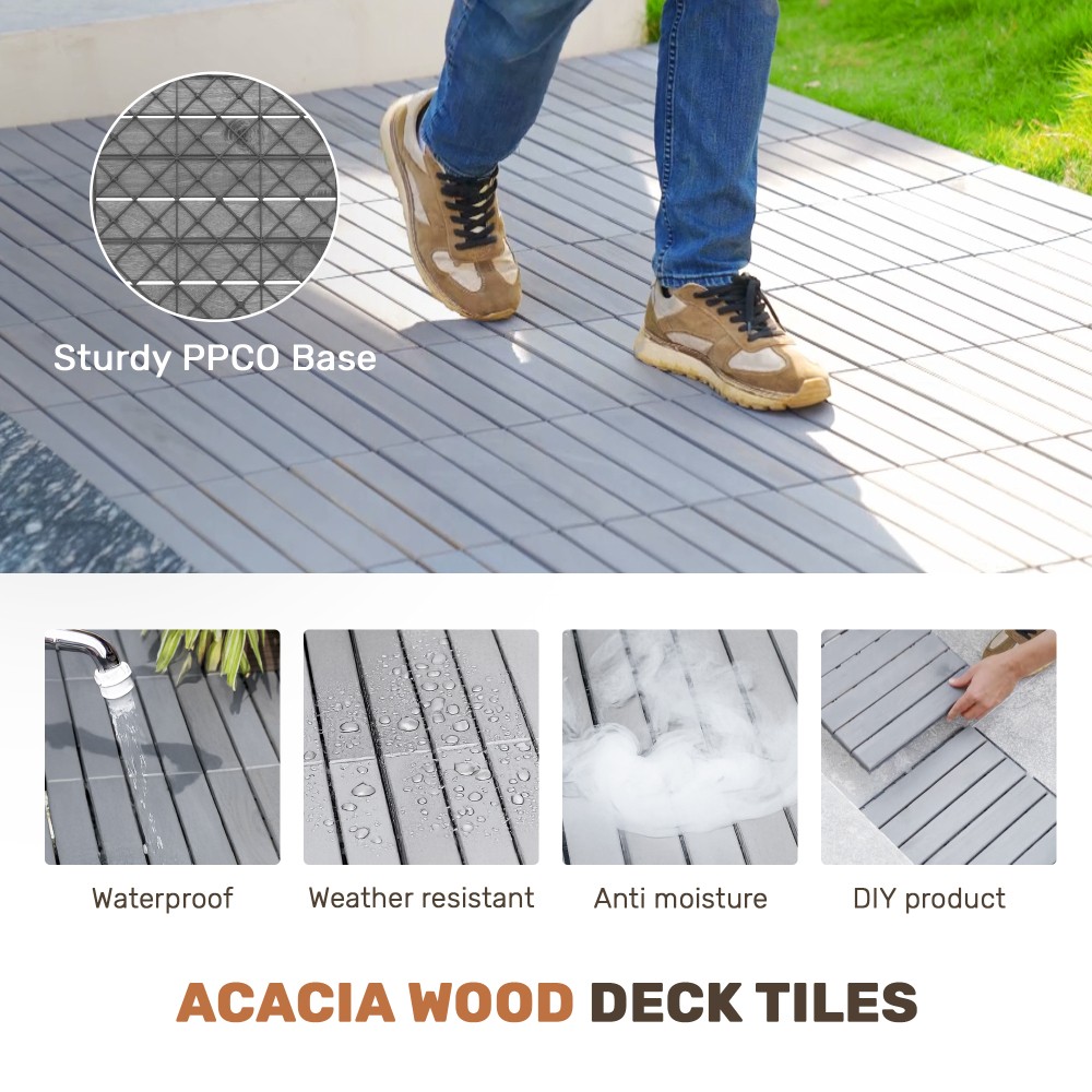 30PCS 12x12in Light Gray Acacia Wood Interlocking Deck Tiles Striped Outdoor