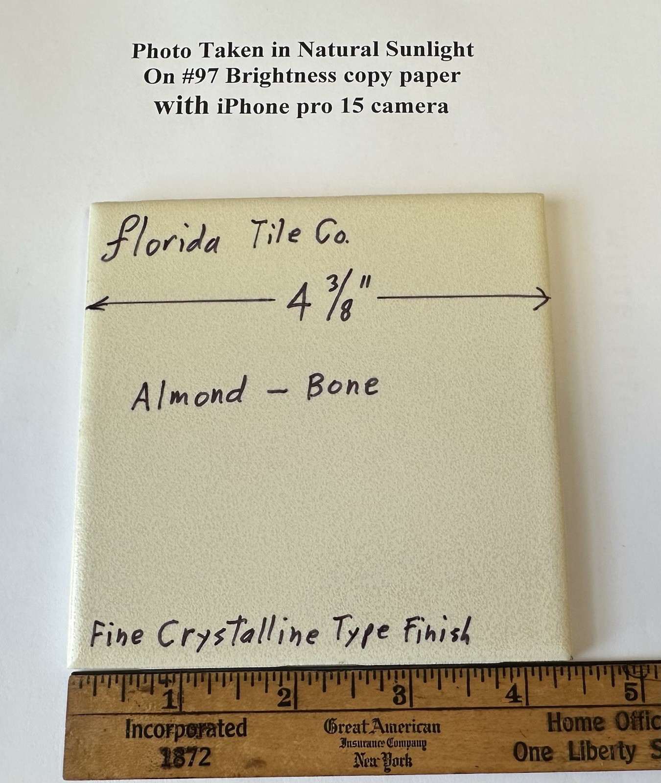 1 pc. Almond – Bone Color: 4-3/8″ Crystal Glazed Ceramic Tile, fine crystalline