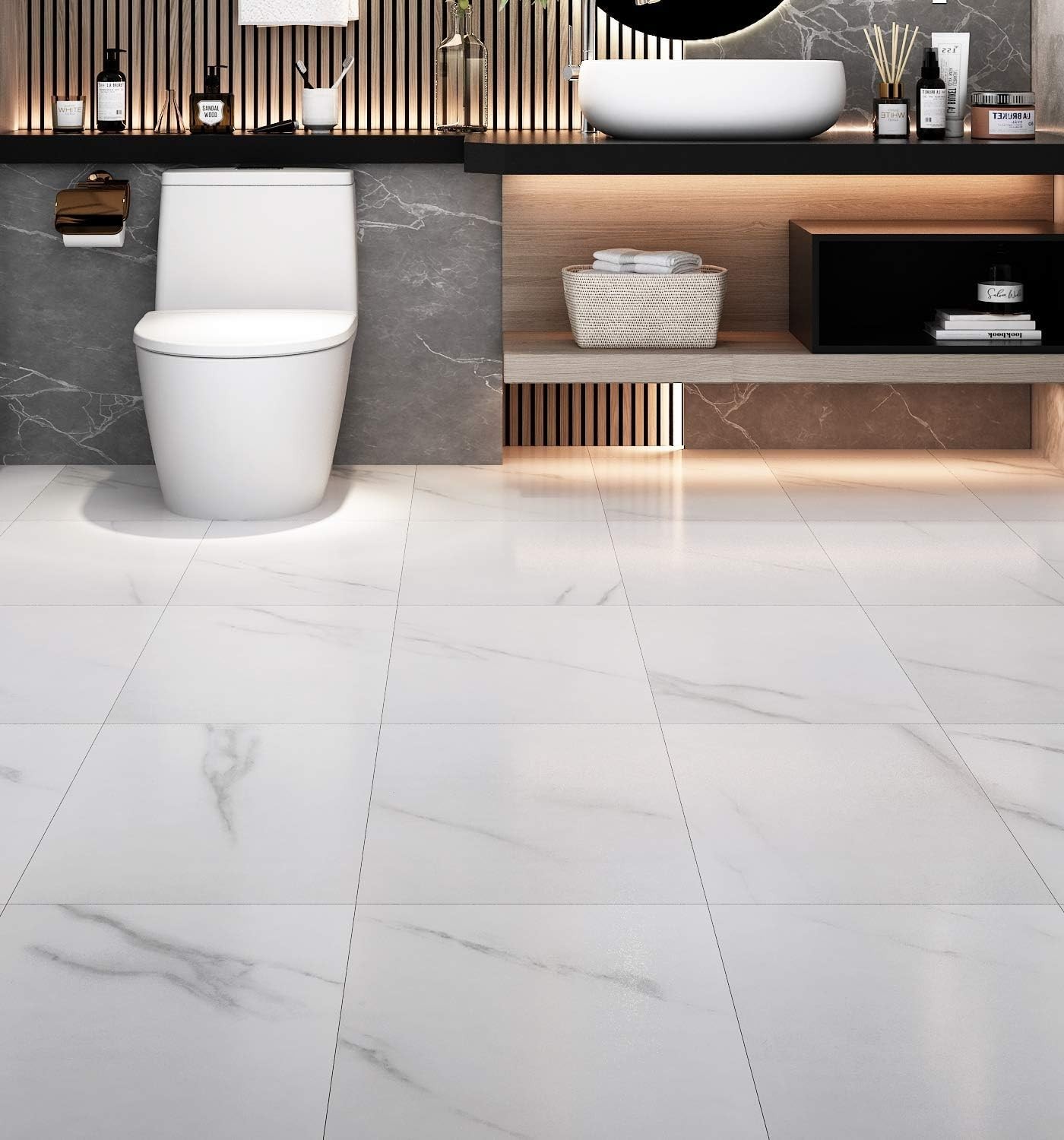 Durable White Marble Peel and Stick Vinyl Floor Tiles – 12×12 Inches, 4-Pack