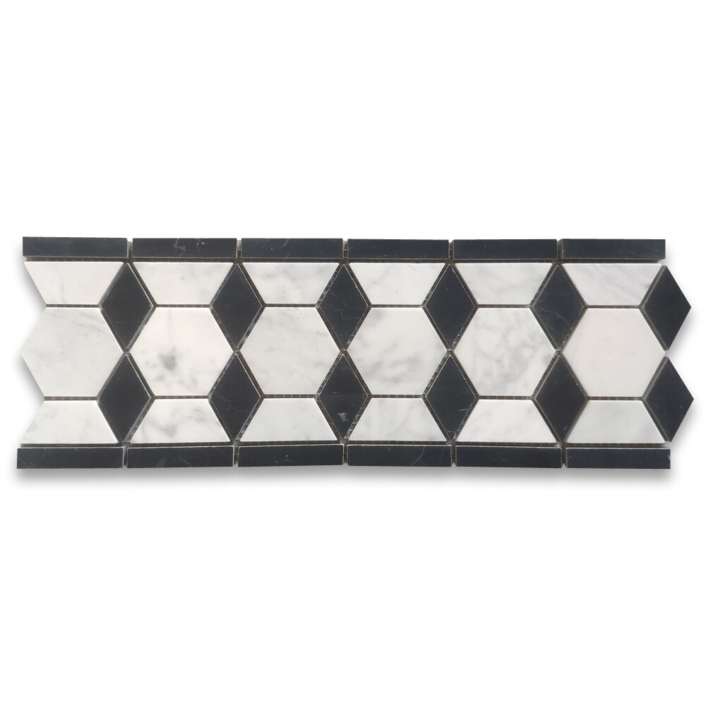 C32B4XH Carrara White Marble Hexagon Mosaic Border Listello Tile Honed 2″