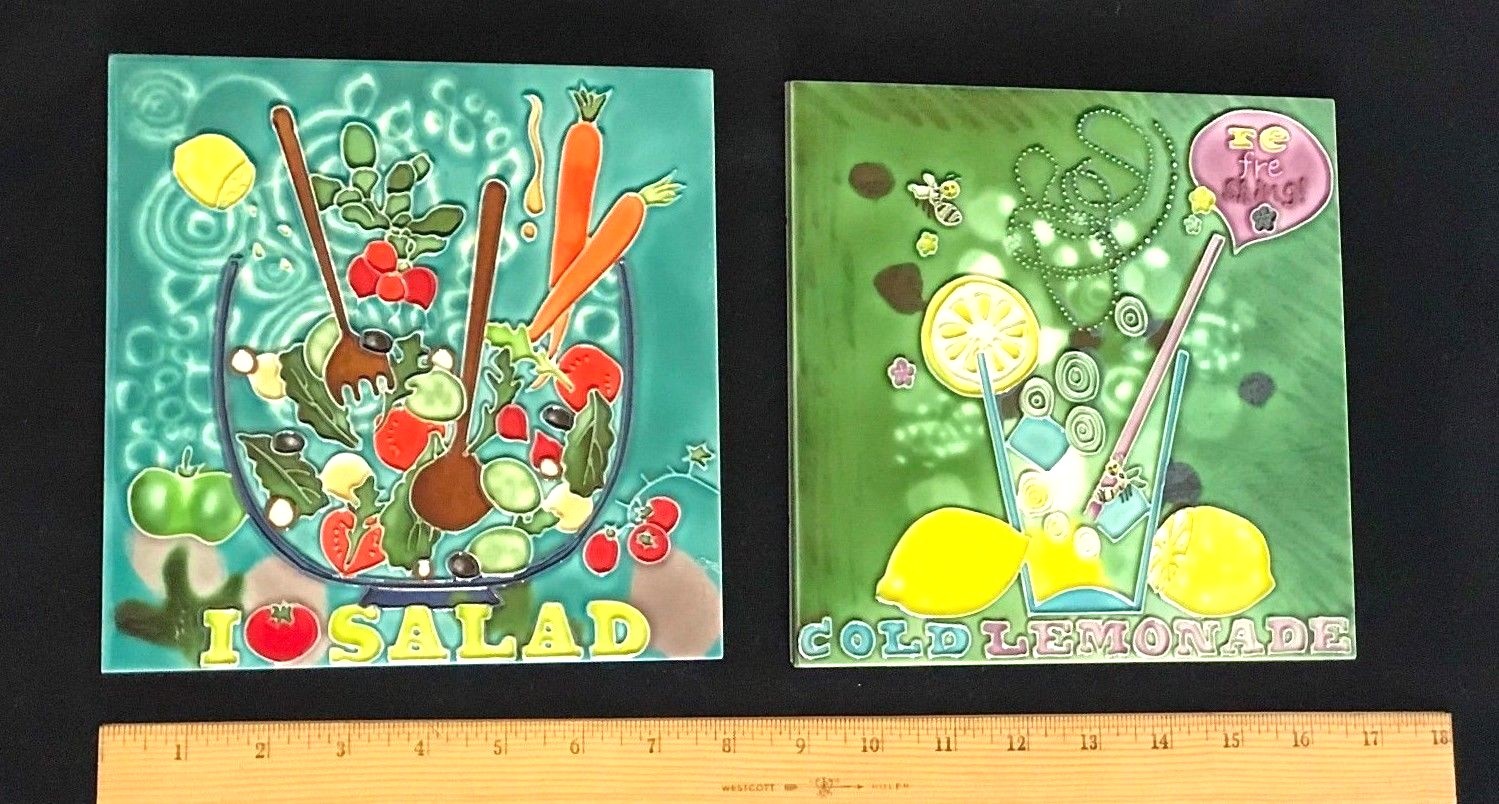 Pair of Ceramic Tile Cocktail Kitchen Art 8″ x 8″ Hand Painted