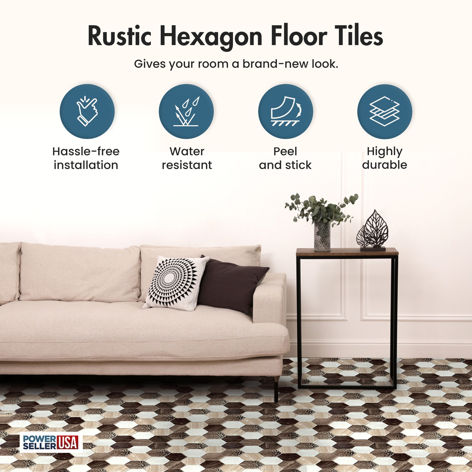 PowerSellerUSA Vinyl Self Adhesive Floor Tiles 20 PCS 12″ x 12″, Rustic Hexagon