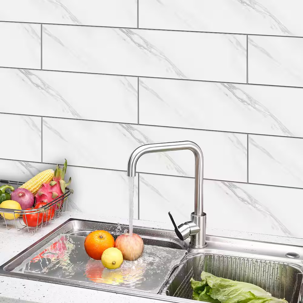 White Marble Plank 5 In. X 24 In, SPC Peel and Stick Backsplash Tile (0.8 Sq. Ft