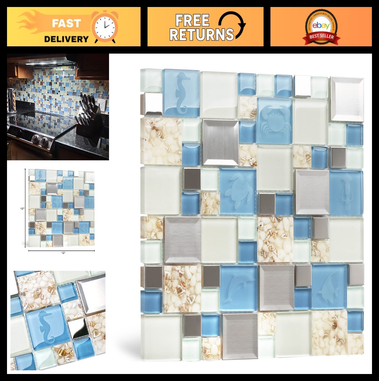 Beach Style Mosaic Tiles – Blue Sea Glass Backsplash with Real Seashells (5 Shee