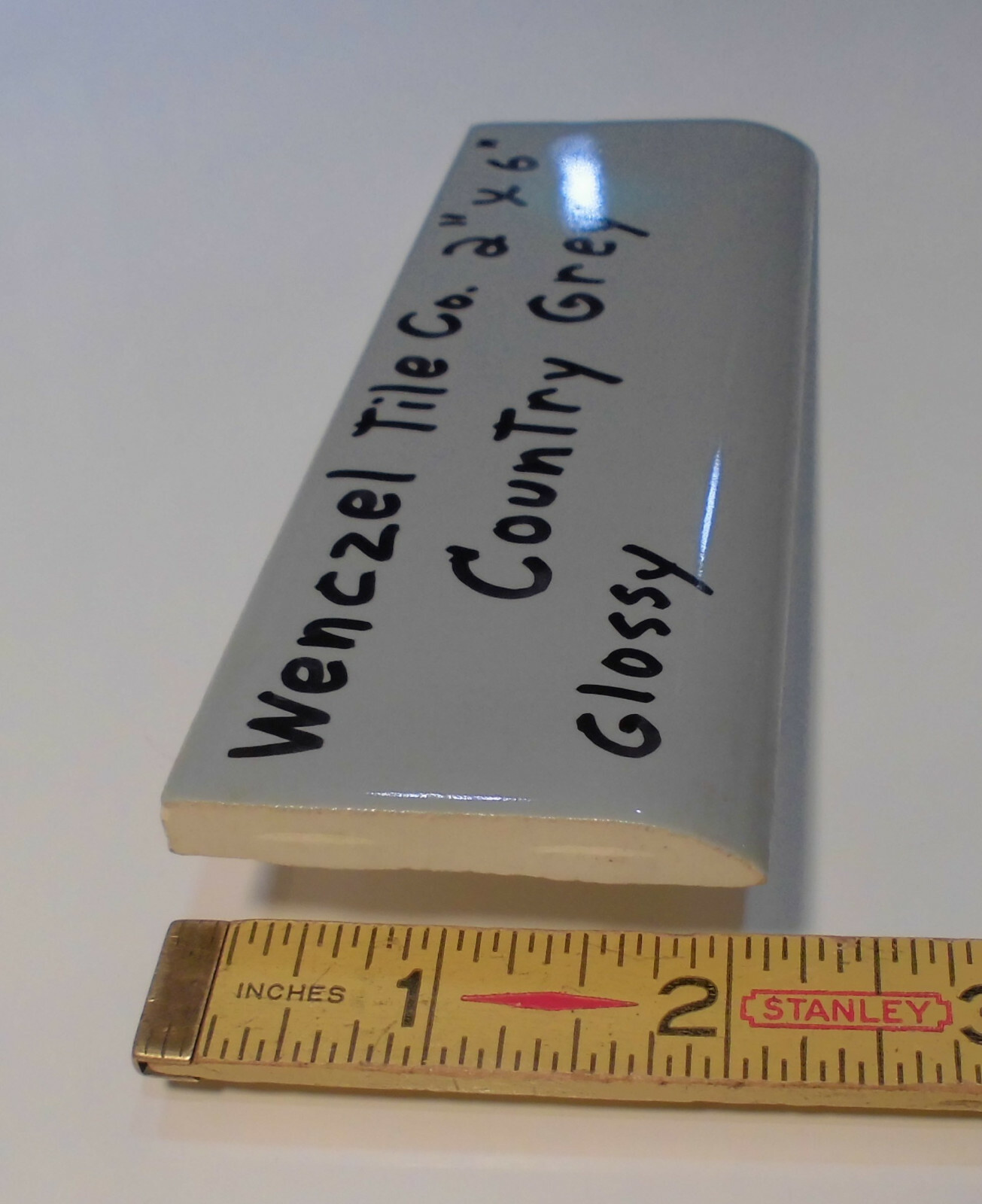 1 pc. Vintage Glossy *Country Gray* 2” X 6” Bullnose Ceramic Tile by Wenczel Co.