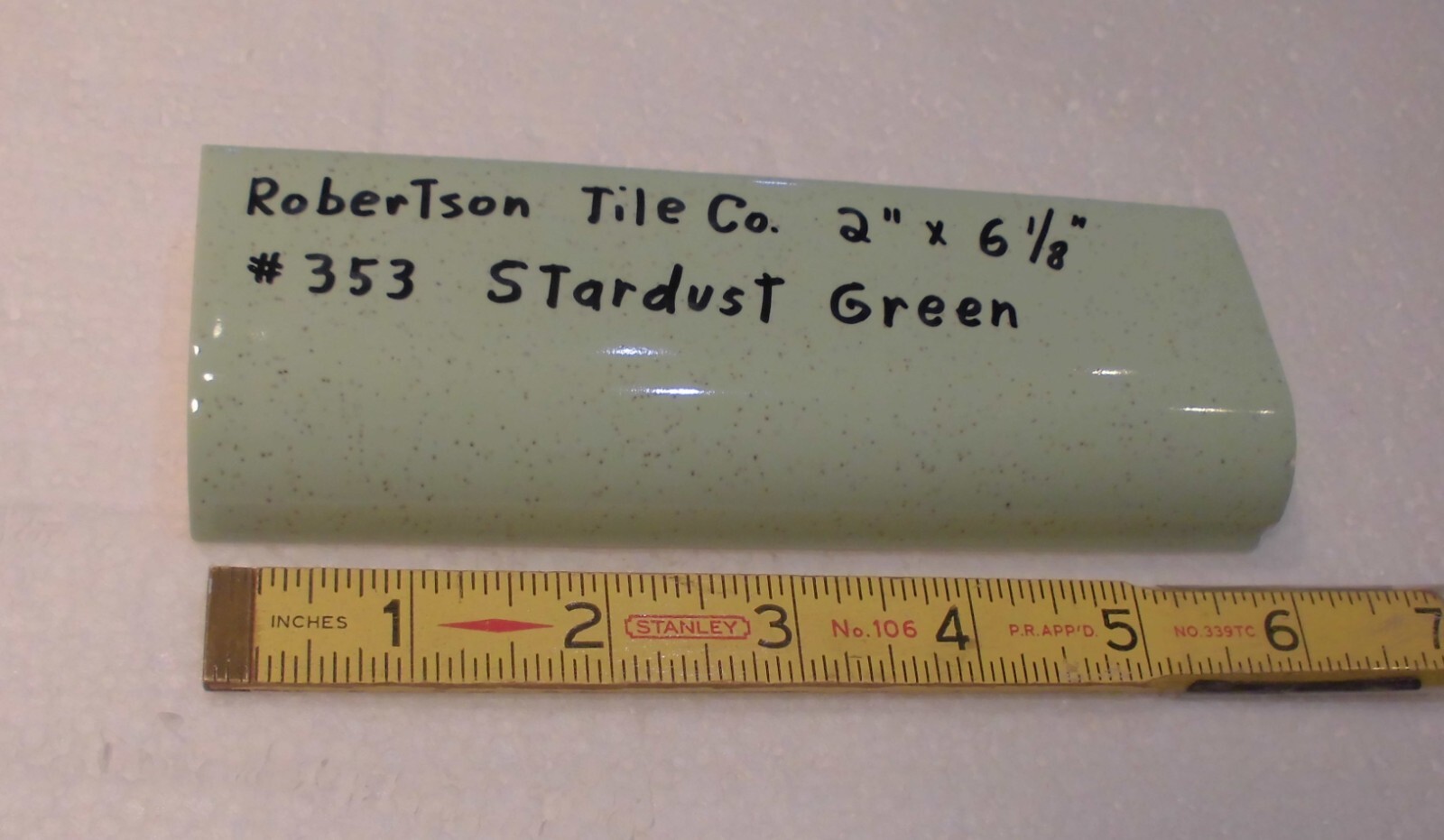1 pc. Stardust Green: Ceramic Tile; 2″ X 6-1/8″ Radius Bullnose by Robertson Co.