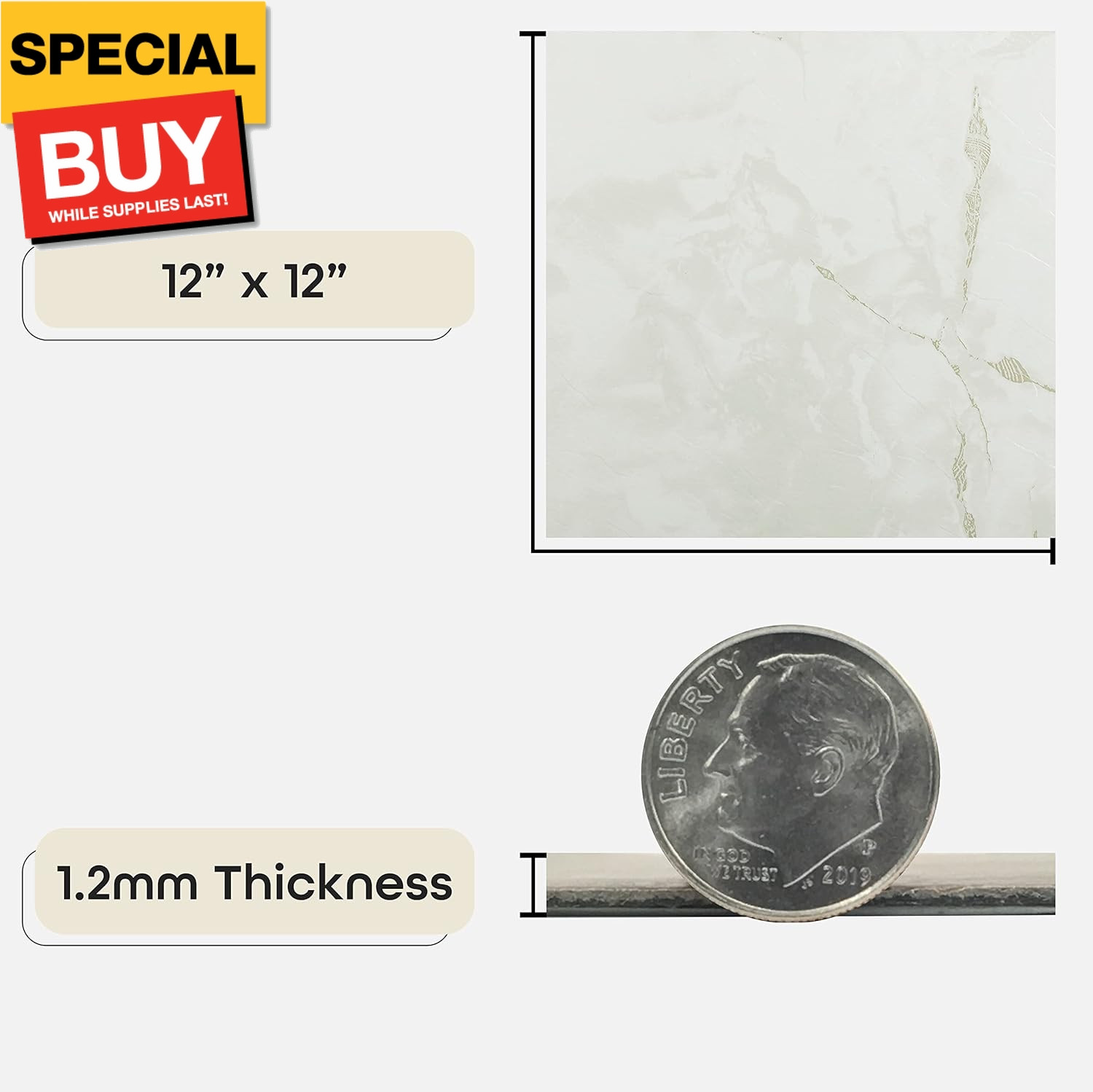 FTVMA40220 Nexus 12-Inch Vinyl Tile, Marble Classic White with Grey Veins, 20 Co