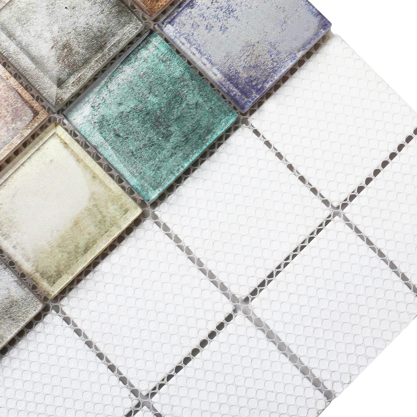 Antique 2” x 2” Glass Squared Tile Glazed Red Grey Grid Mosaic Wall Backspl…