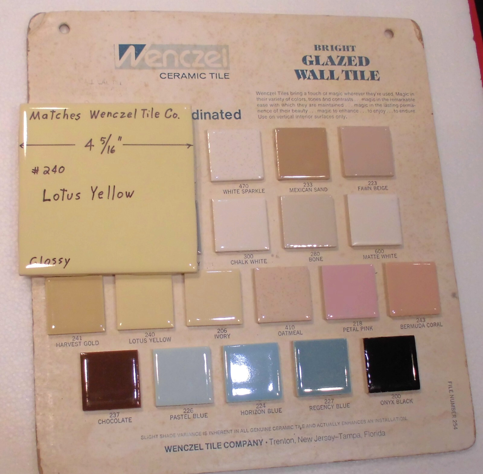 1 pc. Yellow 4-5/16″ Glossy Ceramic Tile: matches Wenczel Co. #240: Lotus Yellow