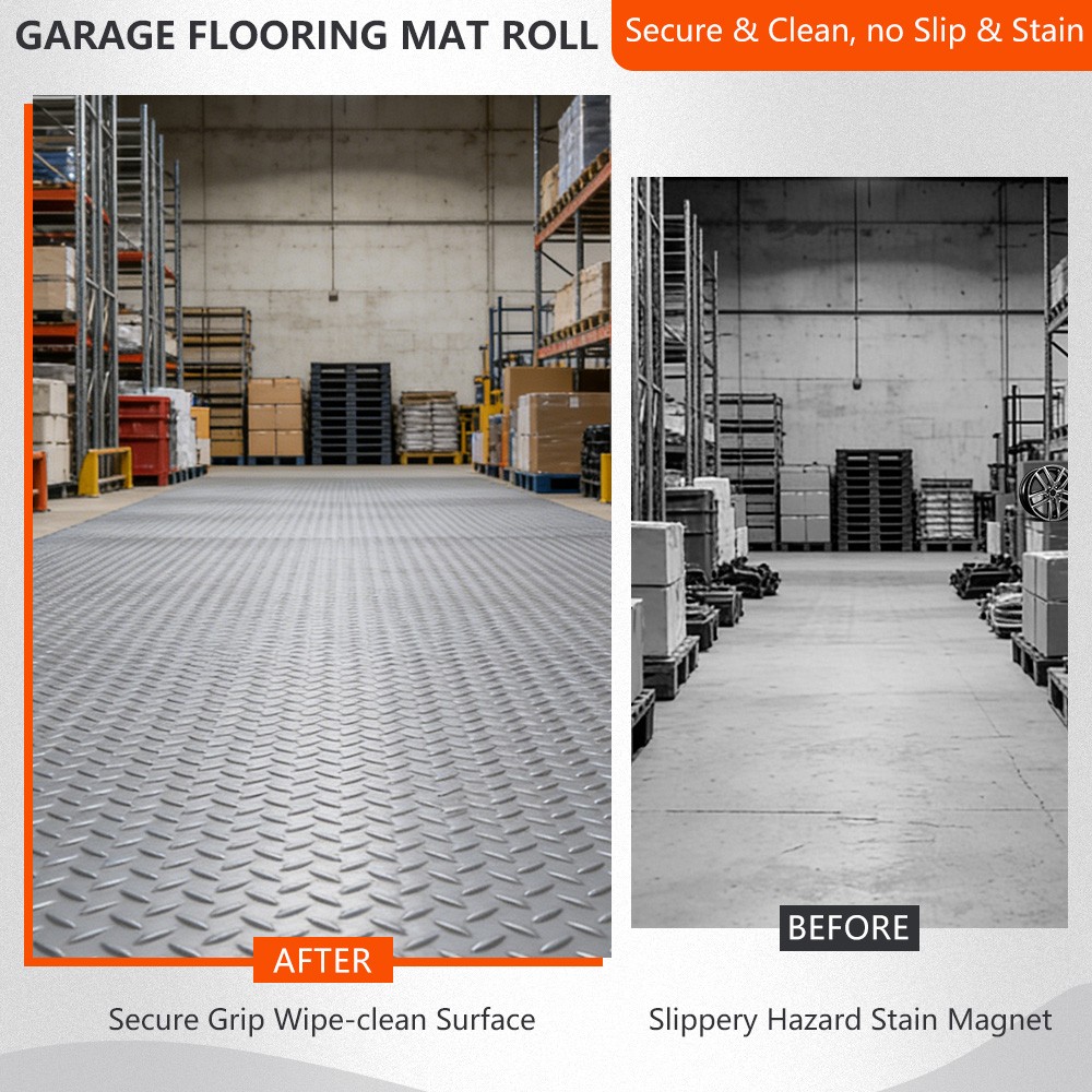 5×7/5x12ft Diamond Roll Garage Mat – Non-Slip Waterproof PVC Floor for Trailer
