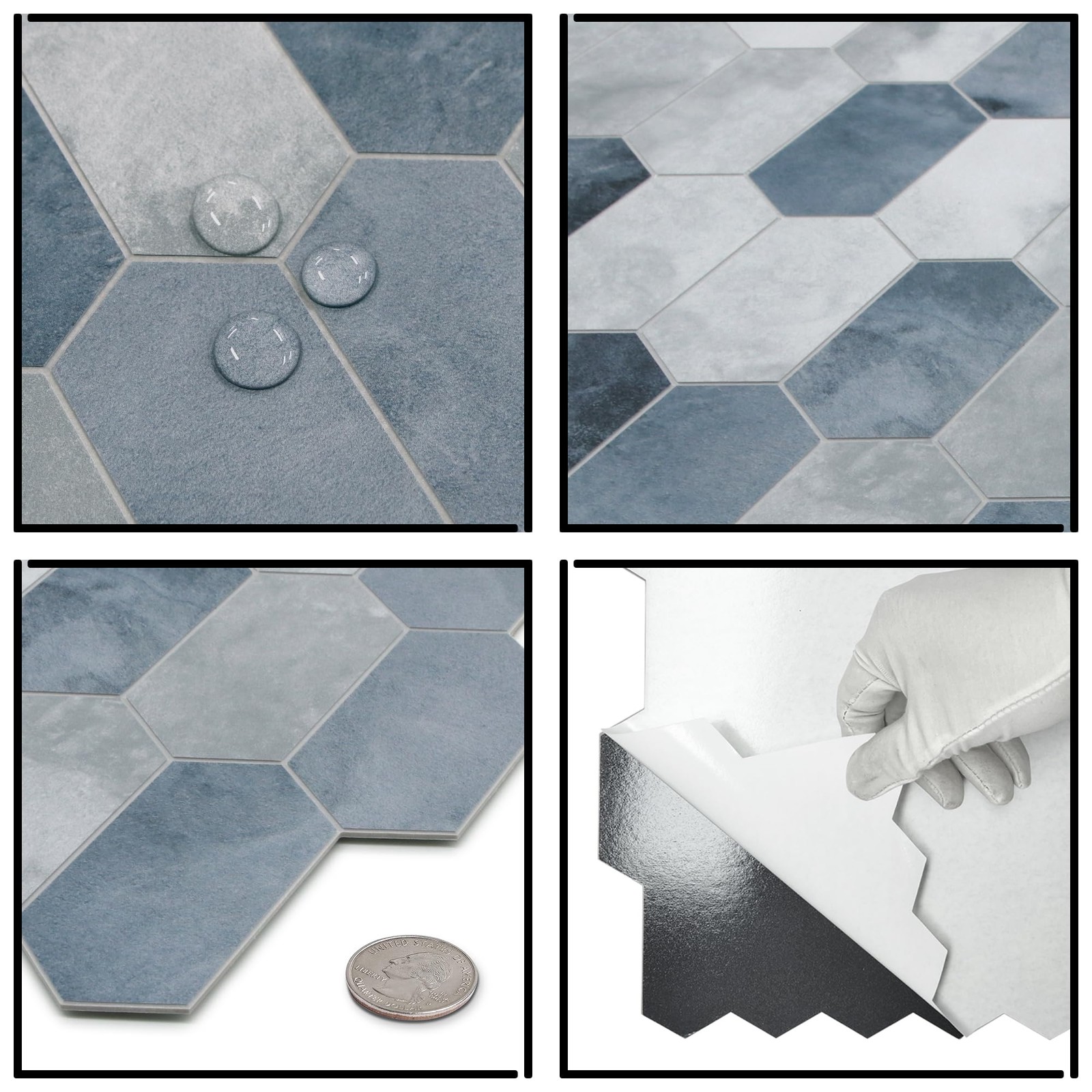 10-Sheet Peel and Stick Backsplash, 12″ x 11.5″ Blue Cement Long Hexagon Self…