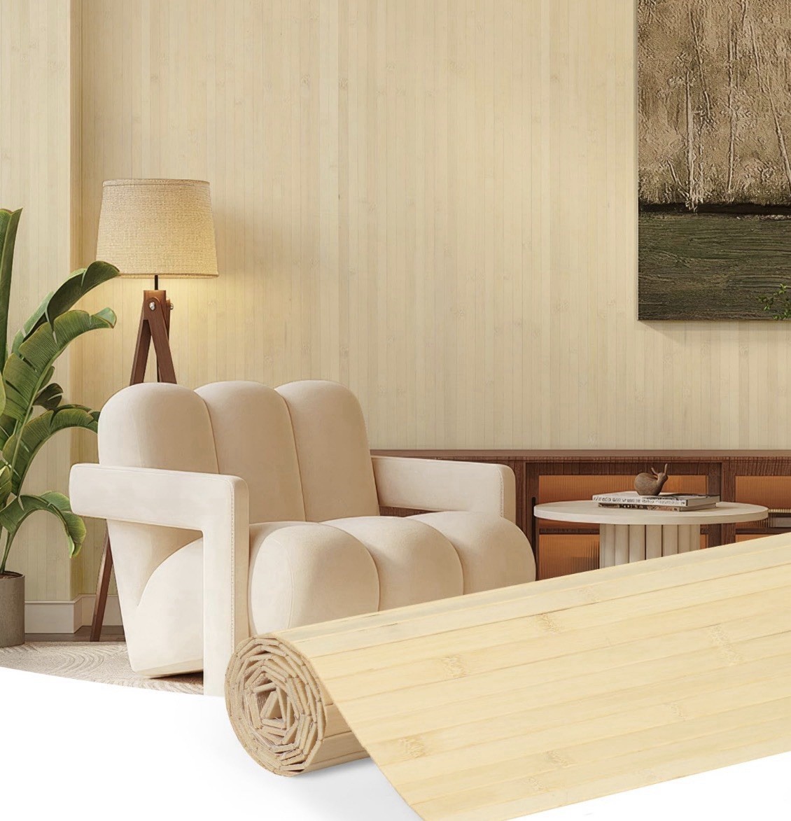 Bamboo Wall Tile Boards, 96×48 in, 32 sq.ft, Beige, Easy to Cut, Durable
