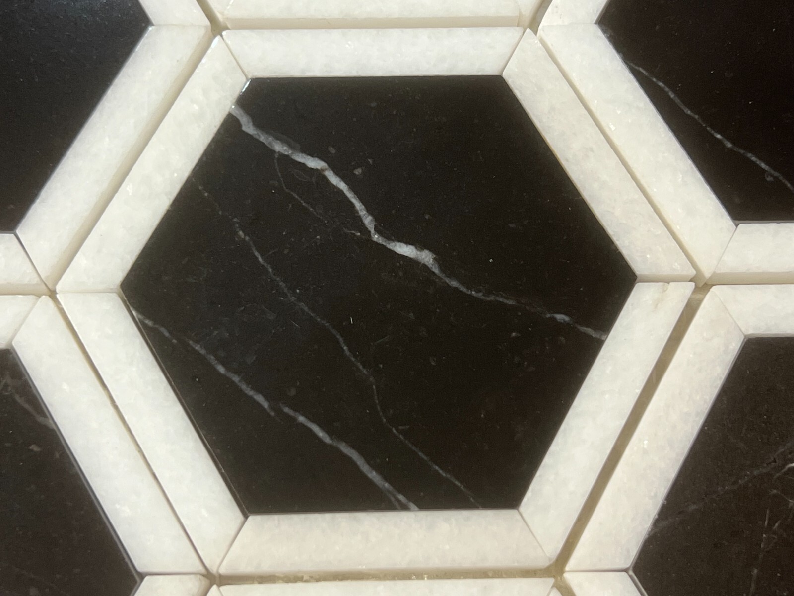 S43 East White Nero Marguia Marble Hexagon Mosaic Tile Kitchen Bathroom Polished