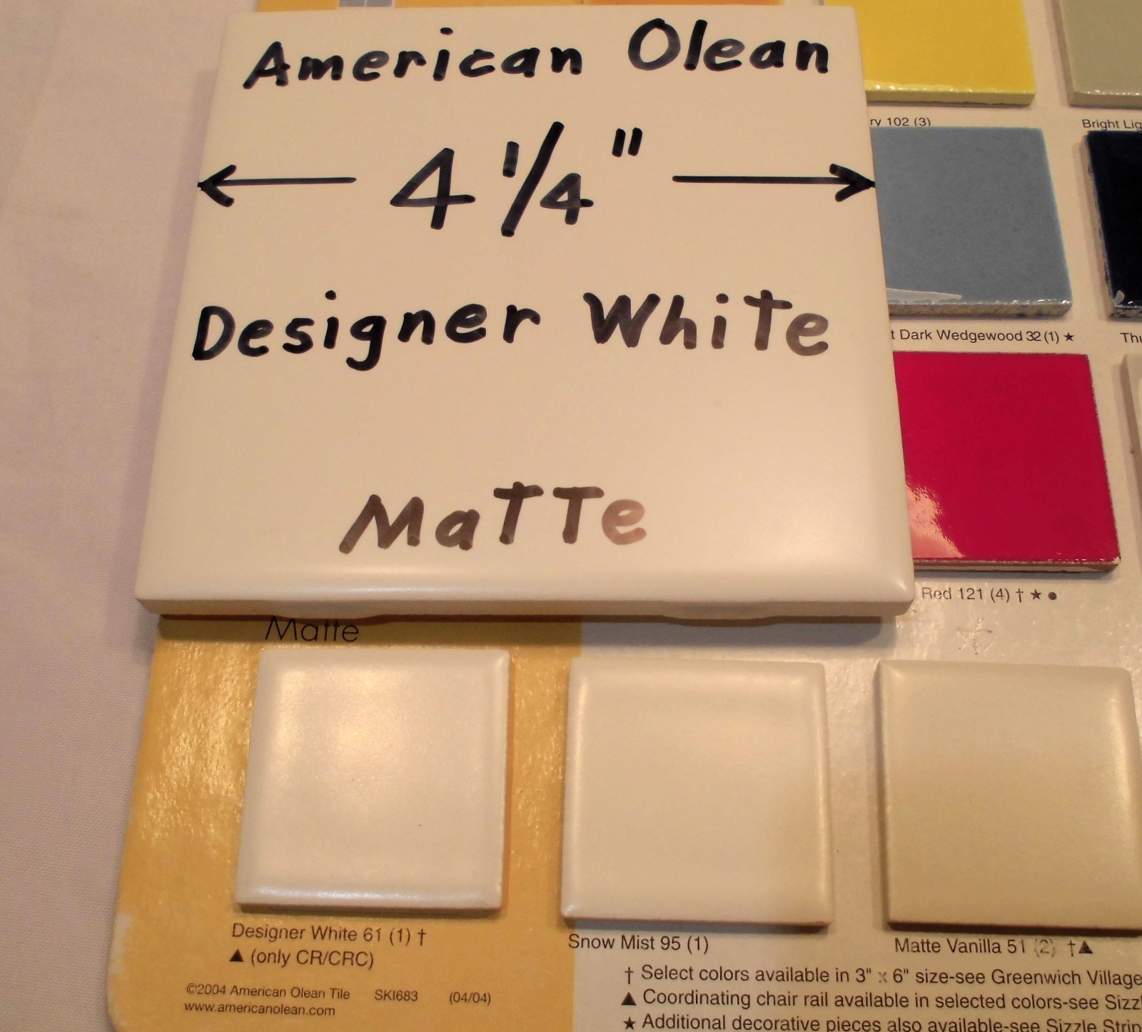 9 pieces: Ceramic Tiles *Matte Designer White* #61 by American Olean 4-1/4″ NEW