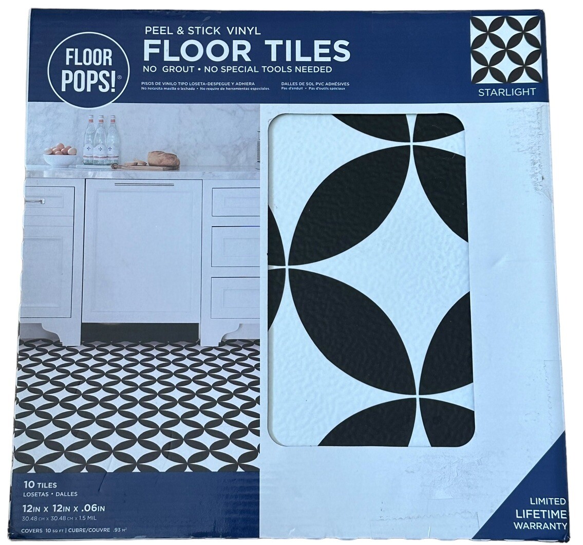 Floor Pops! Peel & Stick Floor Tiles Starlight Black White 10 Tiles 12 X 12 NEW