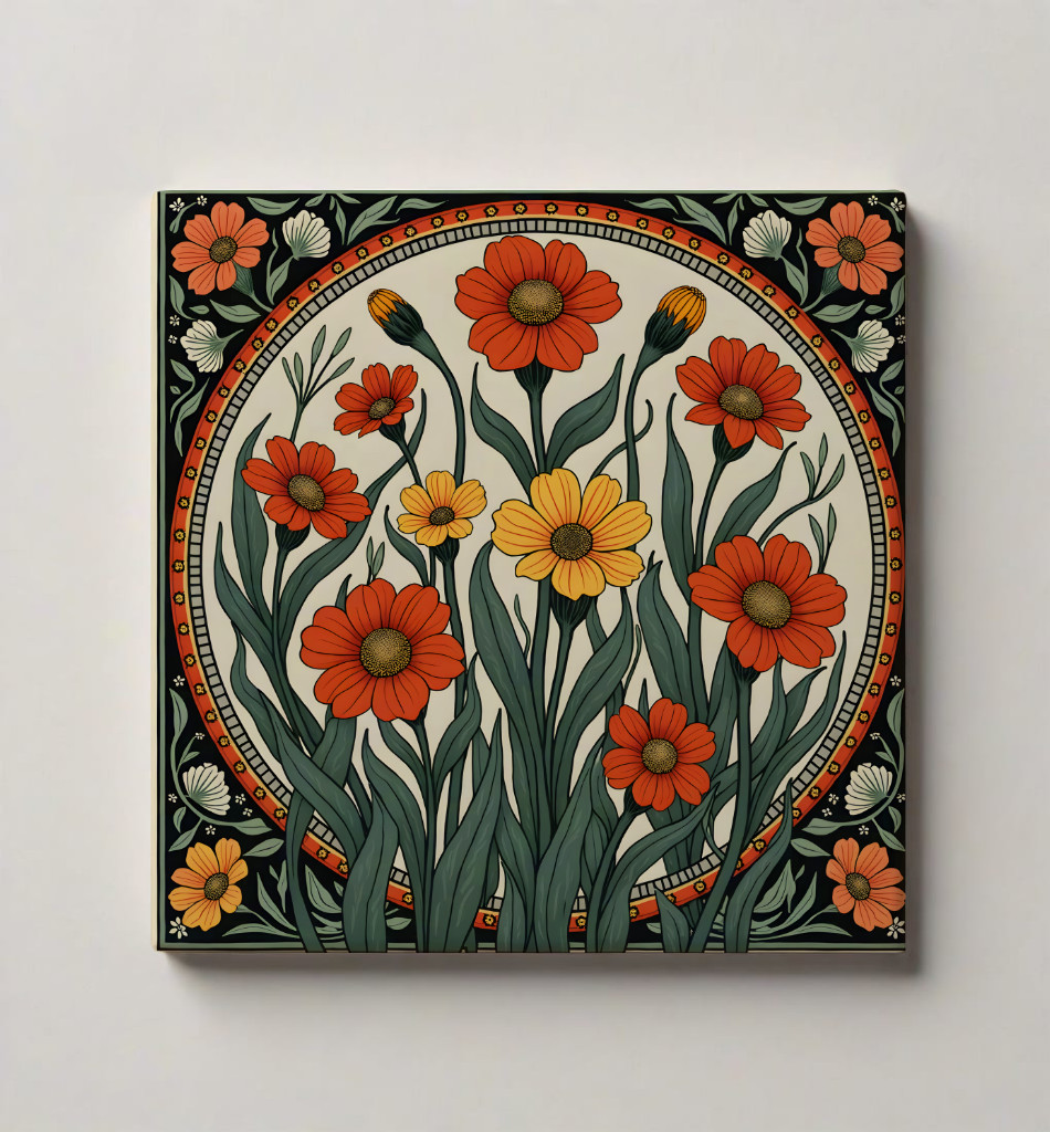 Floral Ceramic Tile 3 sizes Red Green Flowers 9 Printed in US