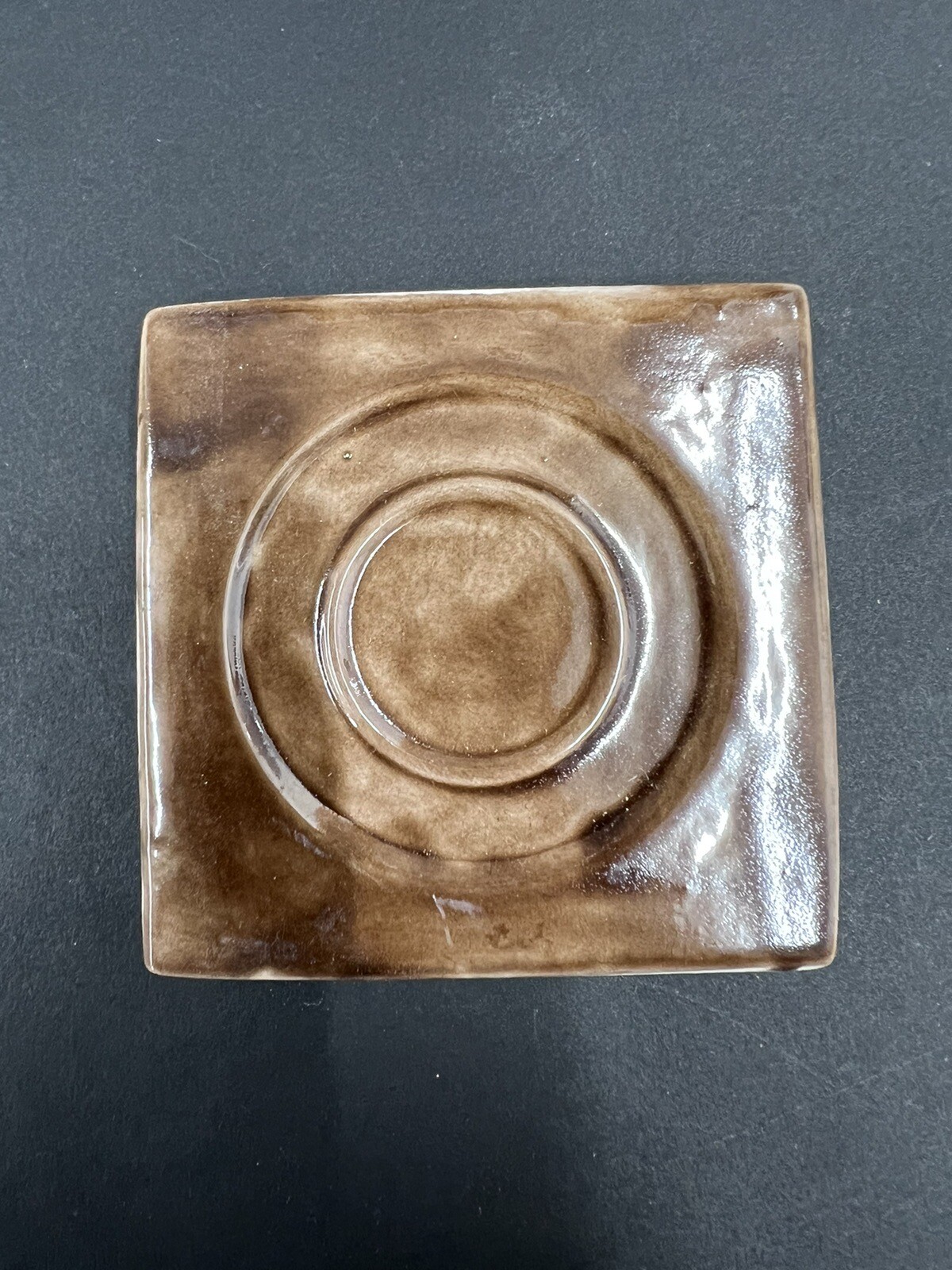 4 – Vintage Brown Ceramic Tile 2 7/8” Square 3/8” Thick Recessed Circles