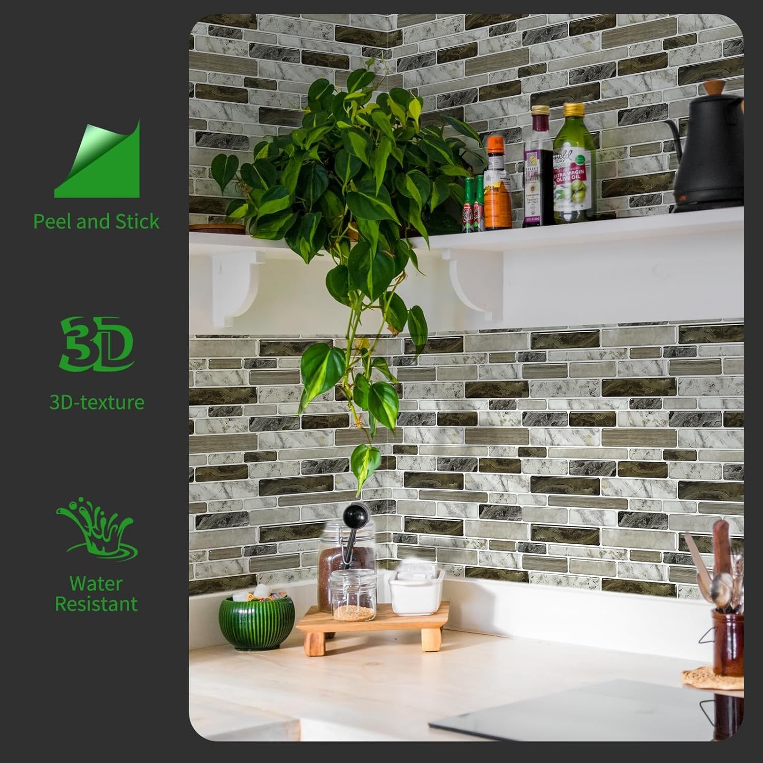 Self-adhesive kitchen splashback, marble-effect decorative tiles (10-piece set)
