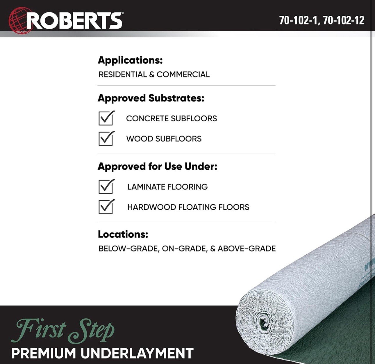 ROBERTS First Step Premium Underlayment – 100 sq. ft. Roll – 40″ x 30′ x 2 mm