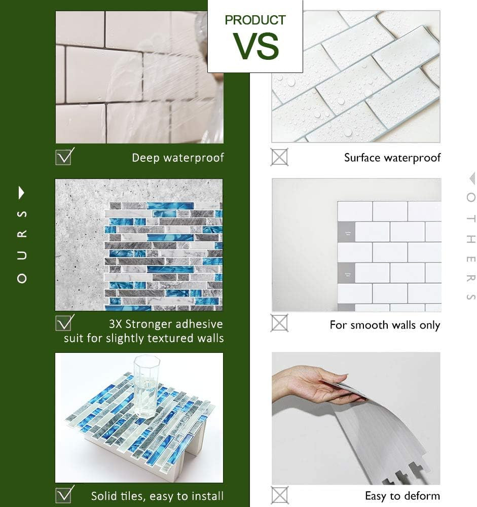 STICKGOO 10-Sheet Peel and Stick Backsplash Tiles Blue, Self Adhesive Kitchen Ba