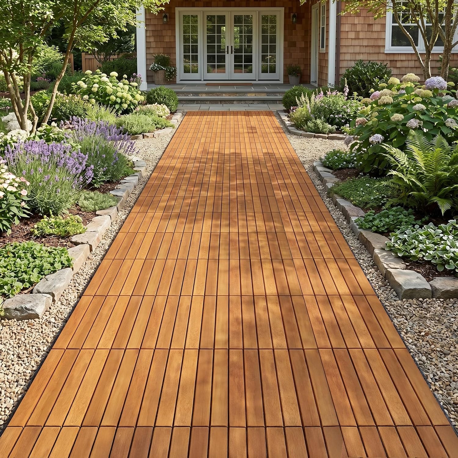 Non-Slip Acacia Wood Deck Tiles – Golden Striped, 12”x12”, 9 Pcs Easy Install